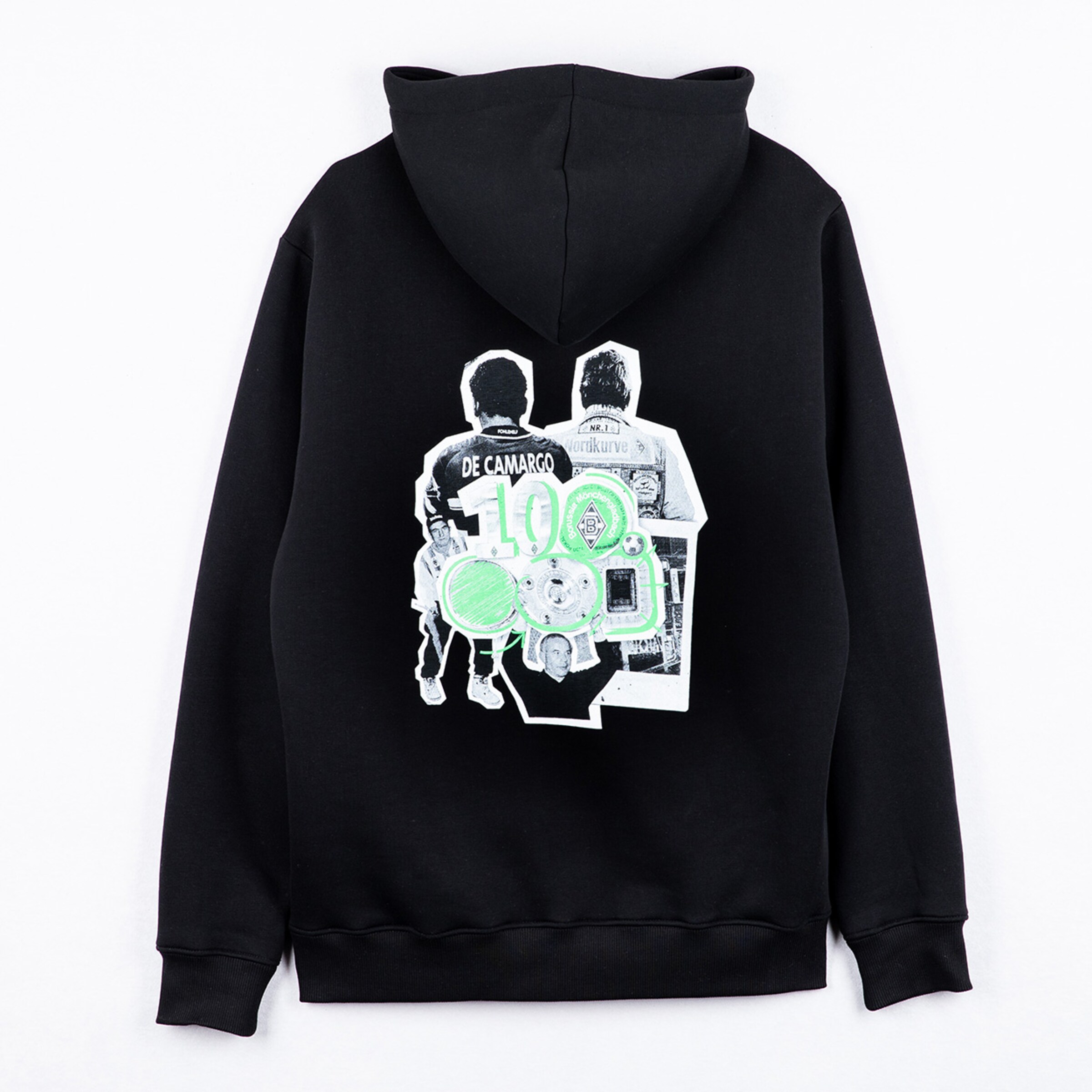 Schwarzer Hoodie mit buntem Druck von zwei Personen und dem Text 100.