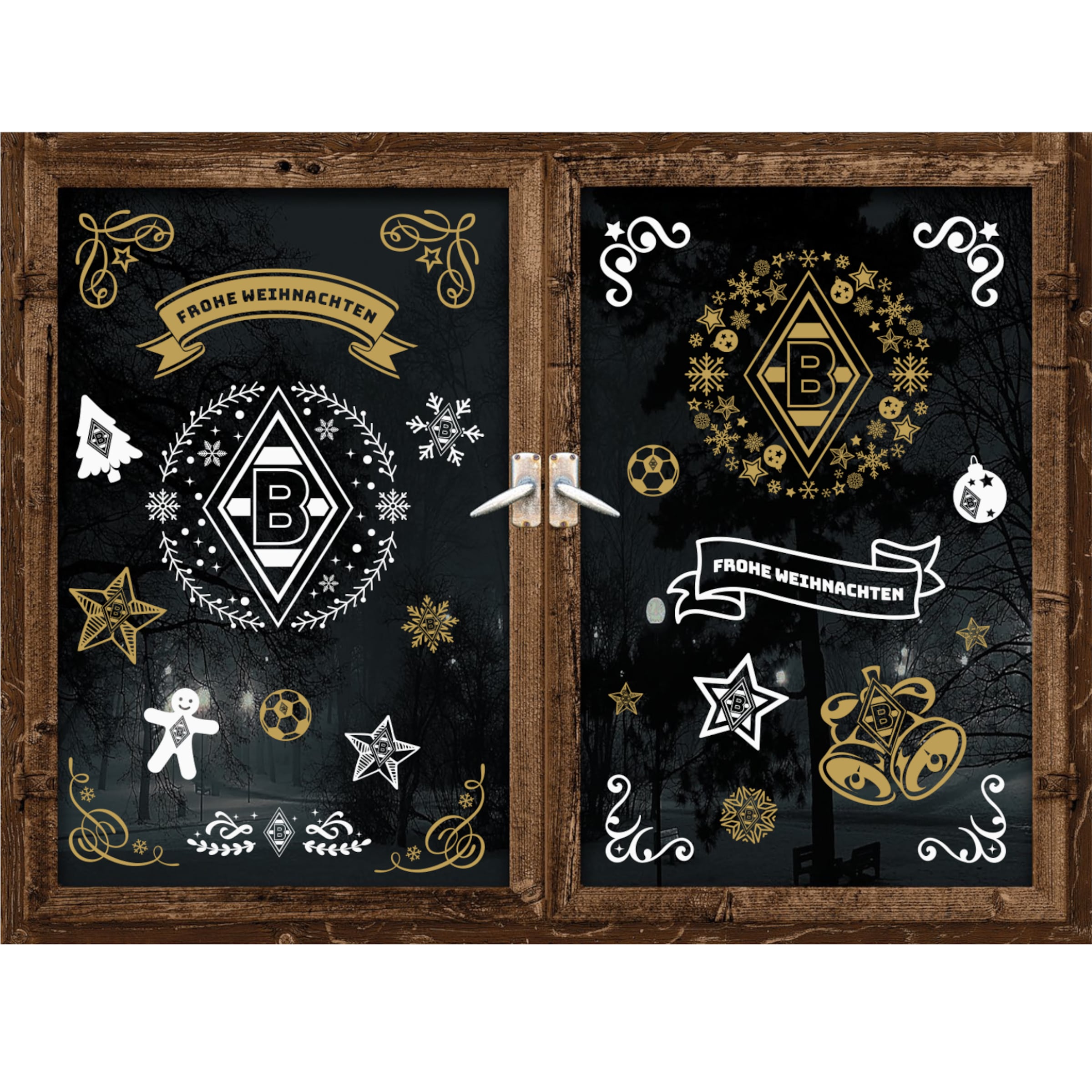 Fenster mit Weihnachtsdekoration im Borussia Mönchengladbach-Stil.