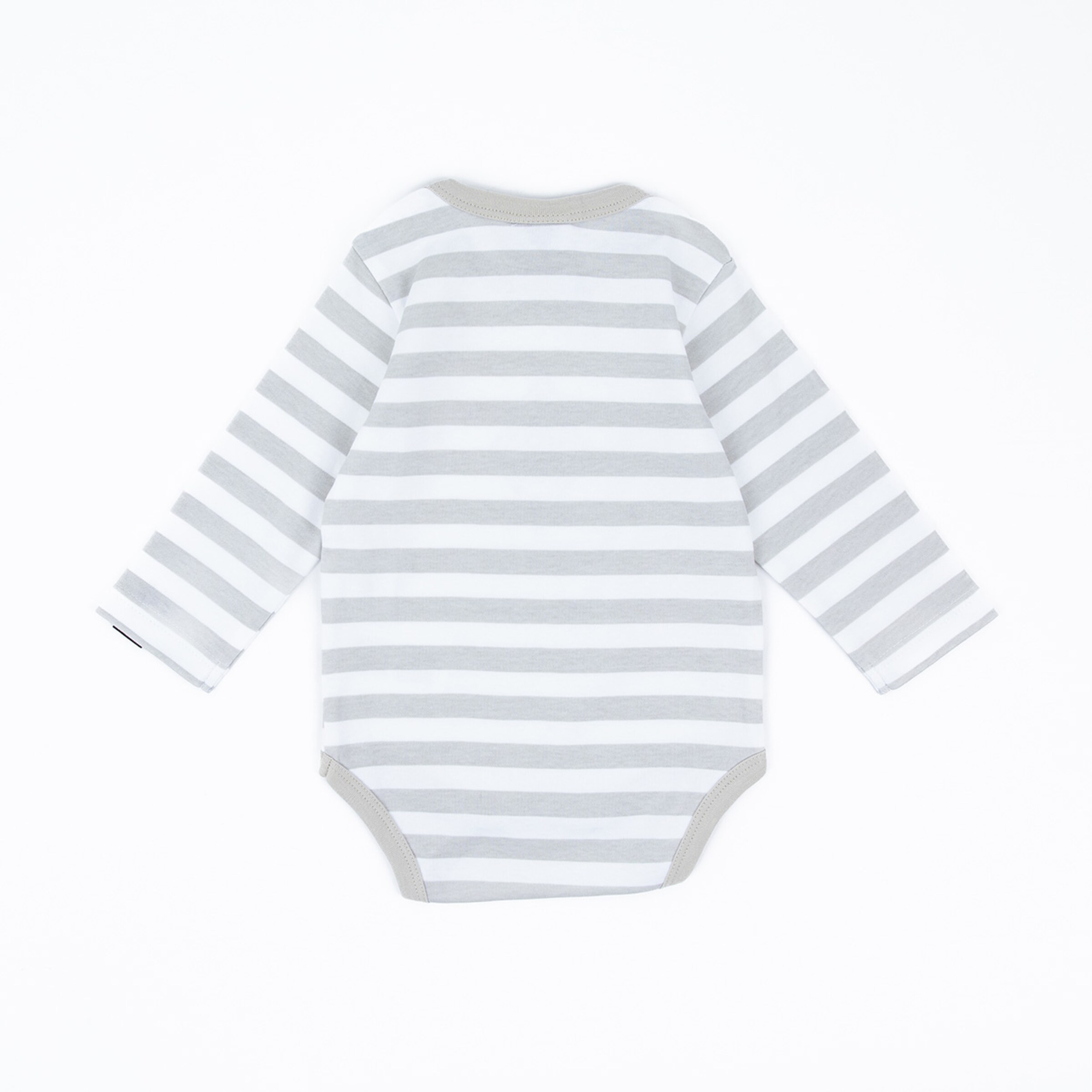 Langärmliger Babybody mit grauen und weißen Streifen auf der Rückseite.