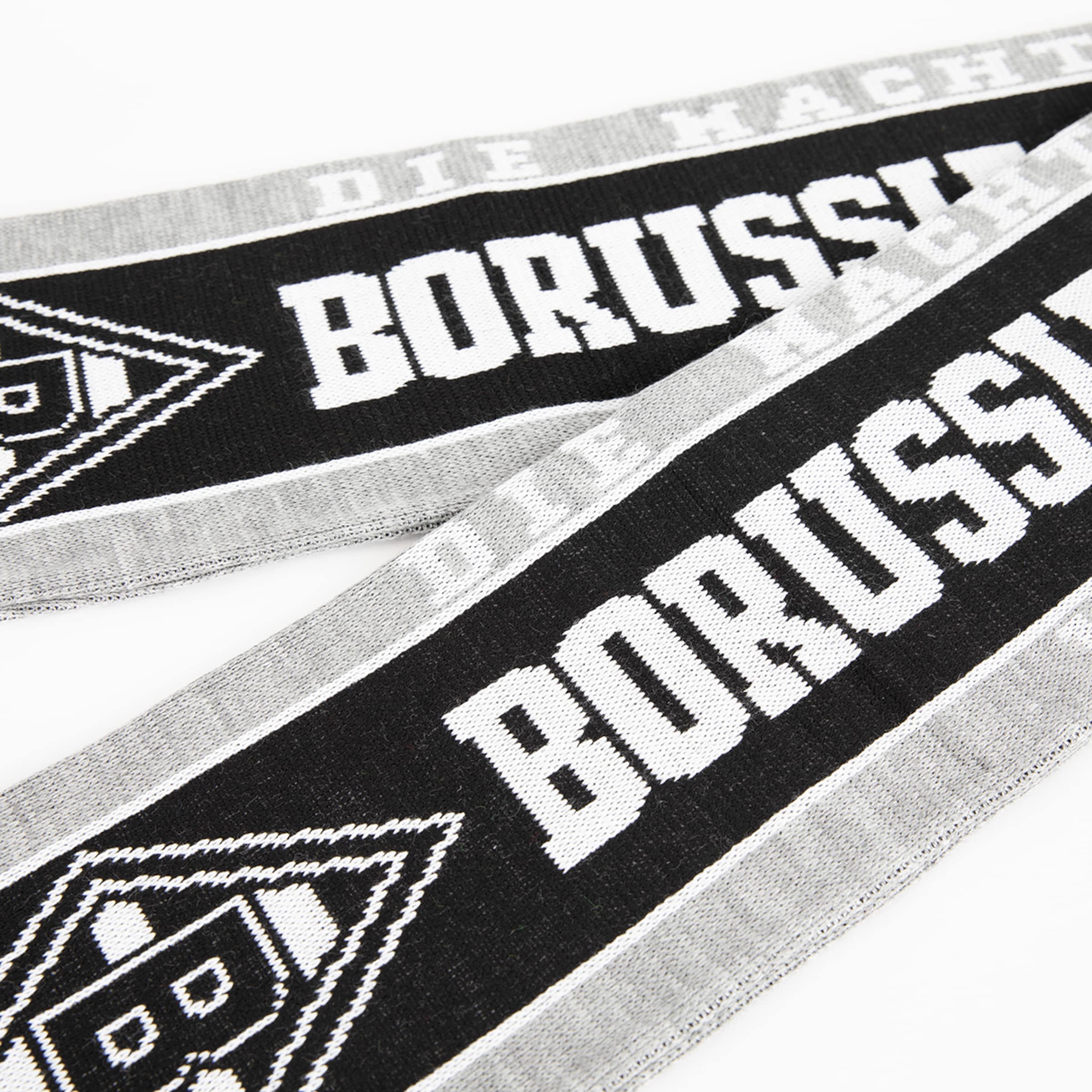 Schwarz-weiß-grauer Fanschal von Borussia Mönchengladbach mit dem „BORUSSIA“-Schriftzug und dem Vereinslogo.