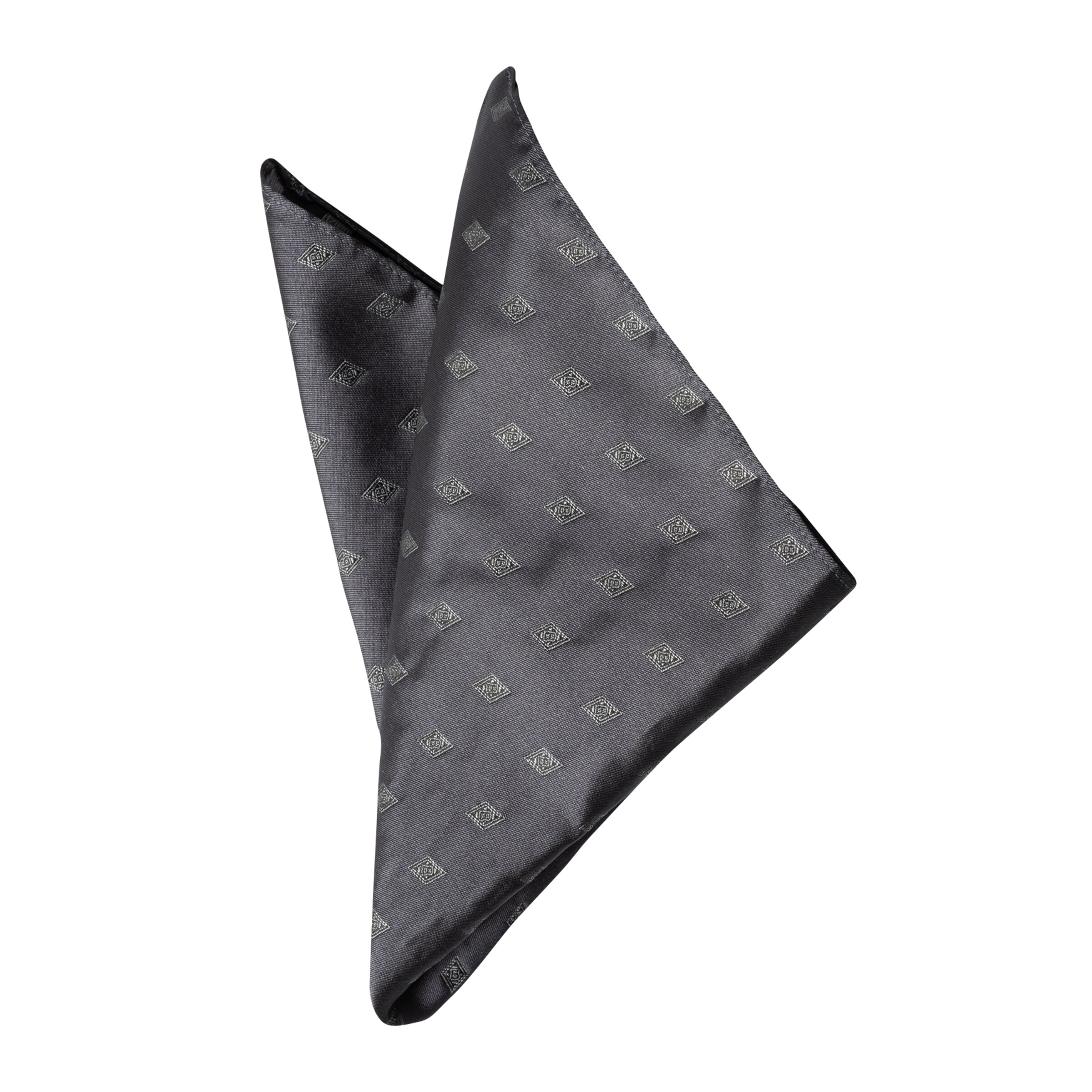 Schwarze glänzende Einstecktuch mit silbernem Muster.