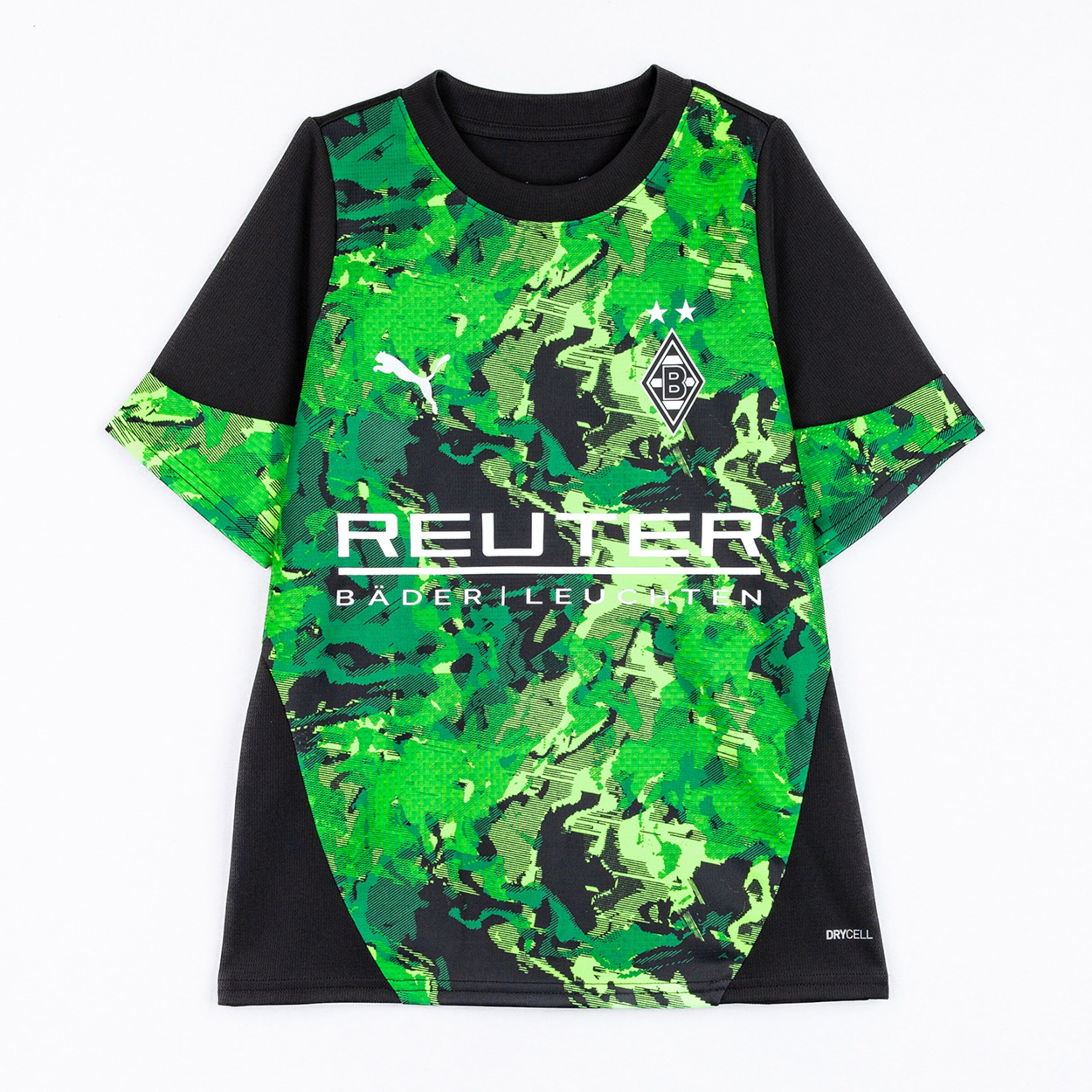 Grüne camouflagierte Fußball-Trikot von Borussia Mönchengladbach mit REUTER-Aufdruck.