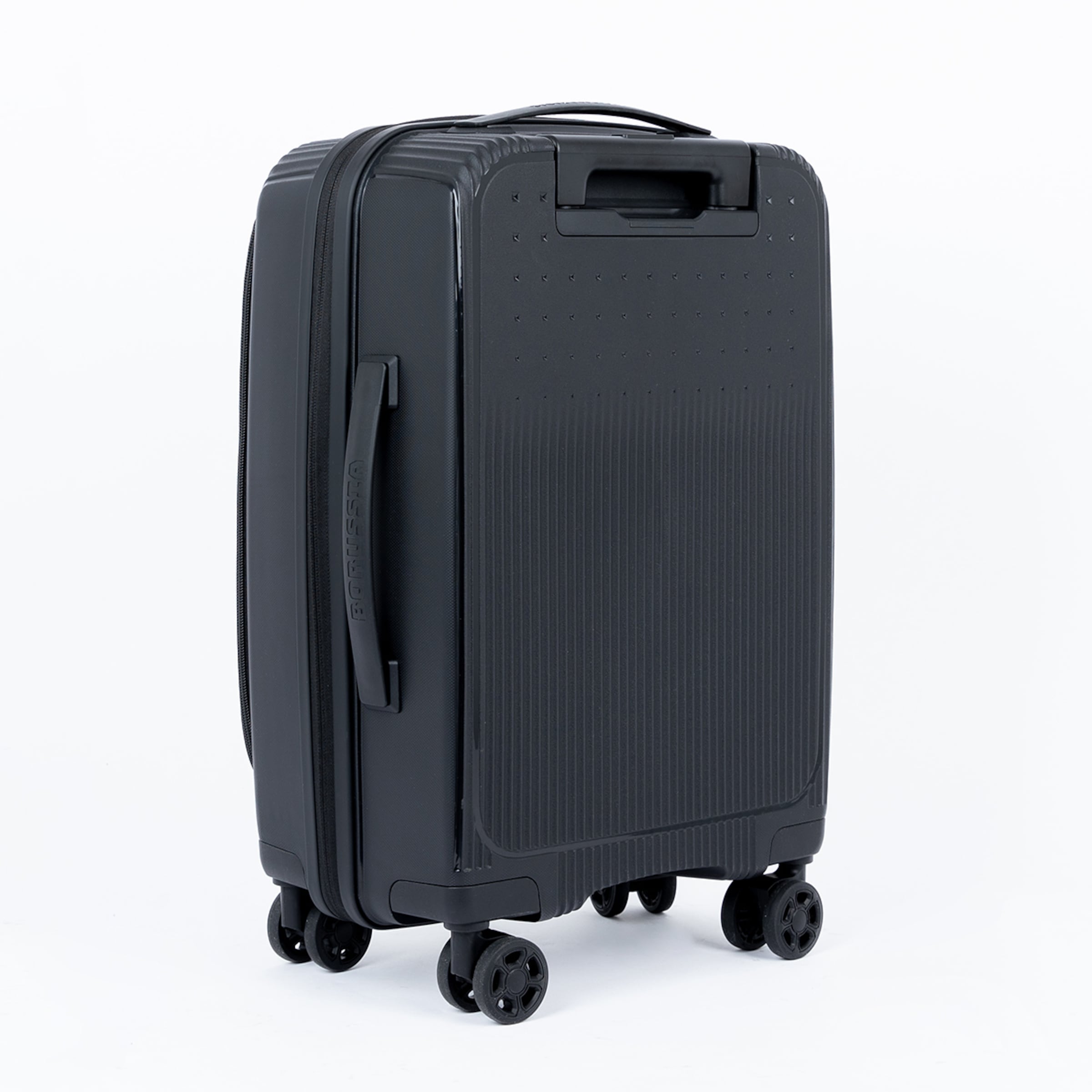 Black hard-shell suitcase with four wheels and a handle.
