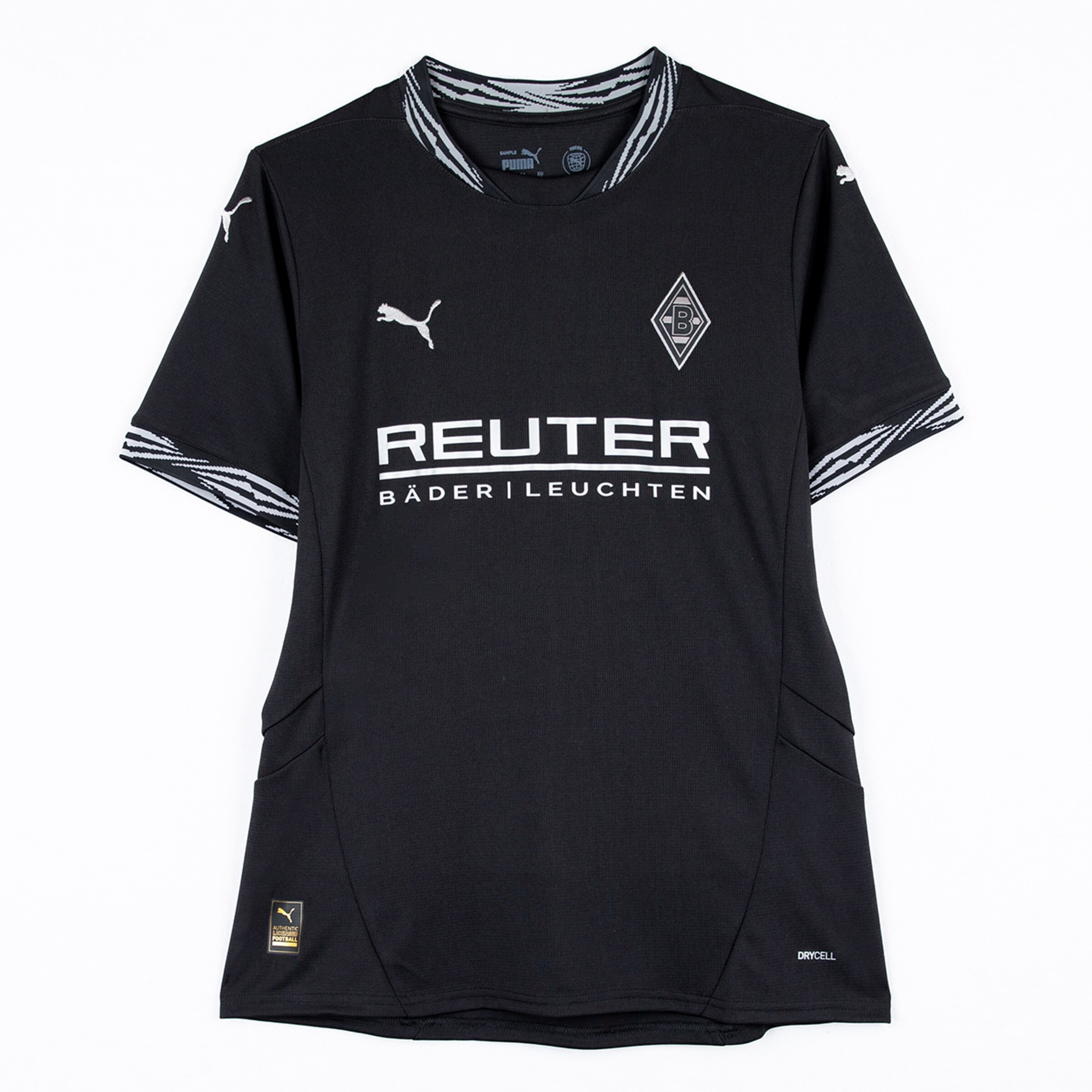 Schwarzes Puma Borussia Mönchengladbach Trikot mit weißem Reuter-Logo, Vereinswappen und gemusterten Bündchen auf weißem Grund.