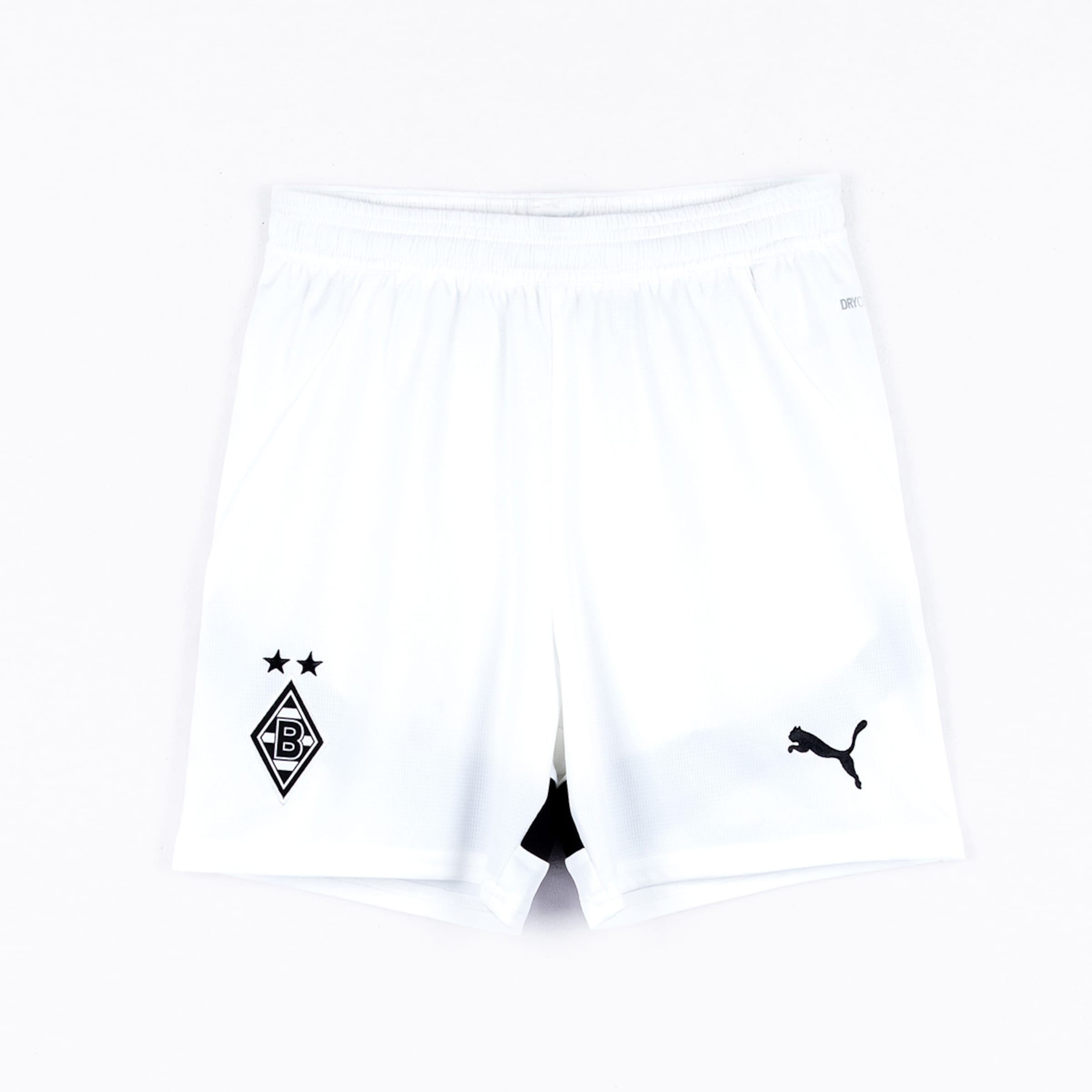 White Borussia Mönchengladbach football shorts with black club crest, two stars, and Puma leaping cat logo on the front.