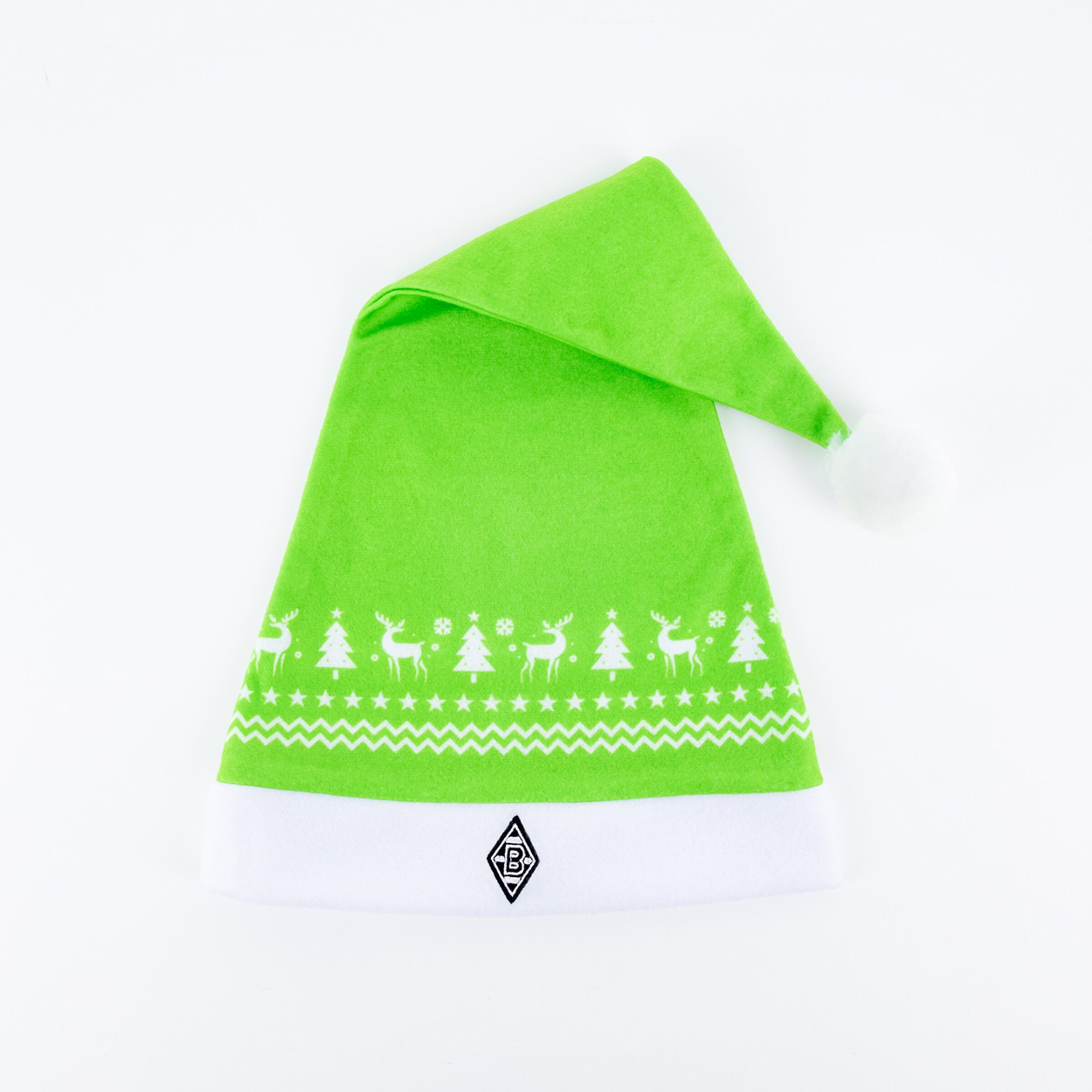 Grüner Nikolaushut mit weißen Motiven darunter Bäume und Rentiere und einem weißen Plüschrand.