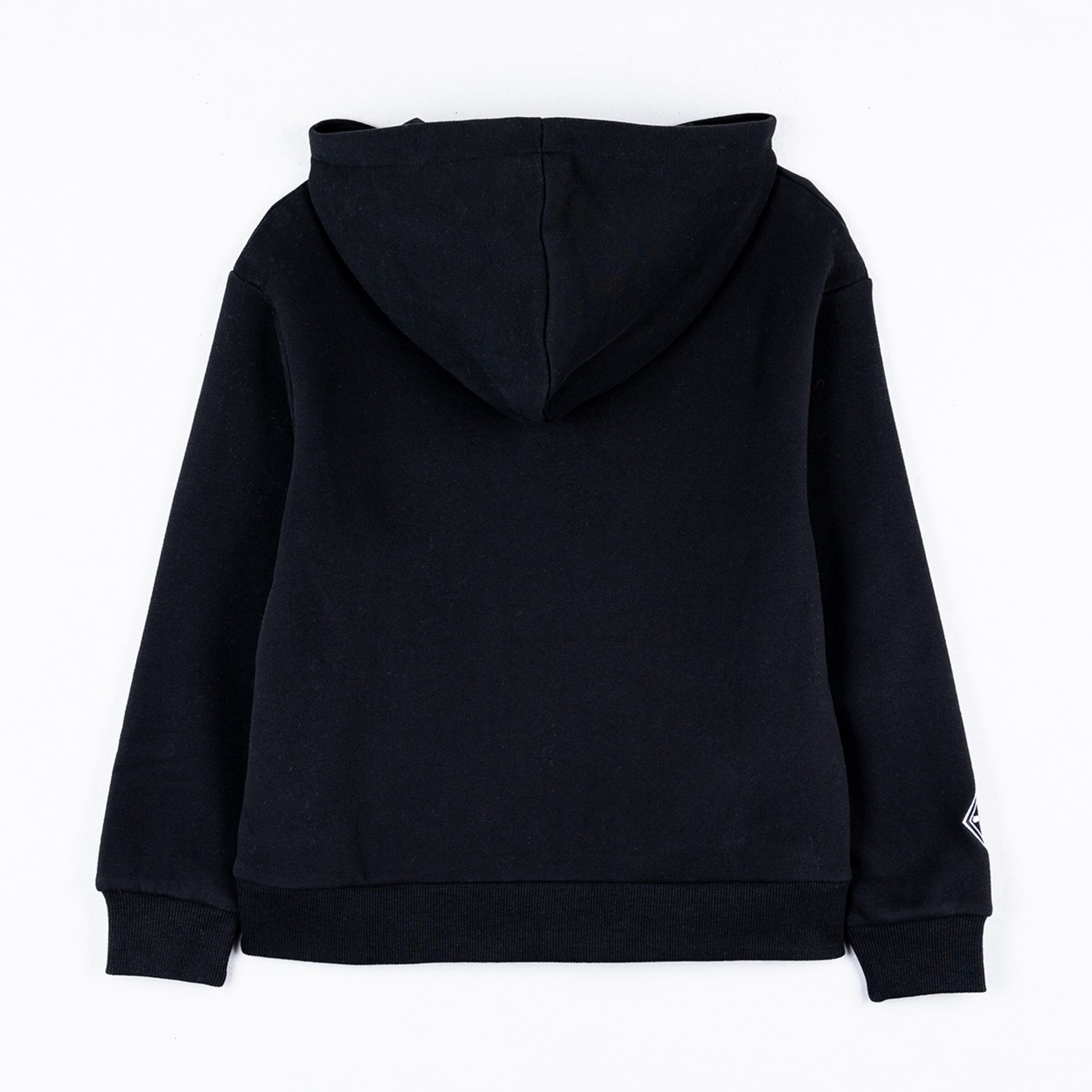 Black hoodie with a hood back view featuring no visible logos or designs.