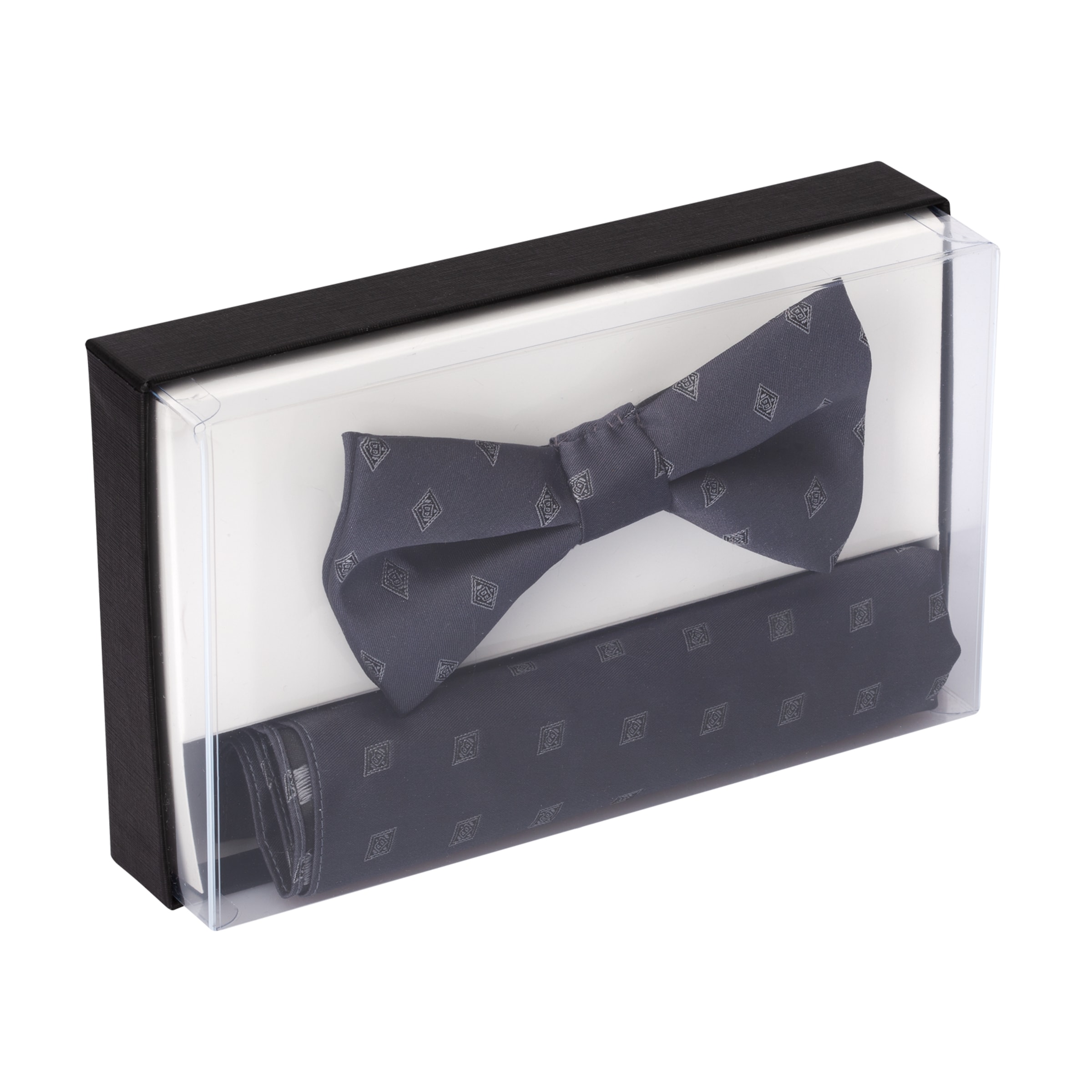 Schwarze Krawatten-Set mit einem Fliegen und einer passenden Krawatte in einer durchsichtigen Verpackung.