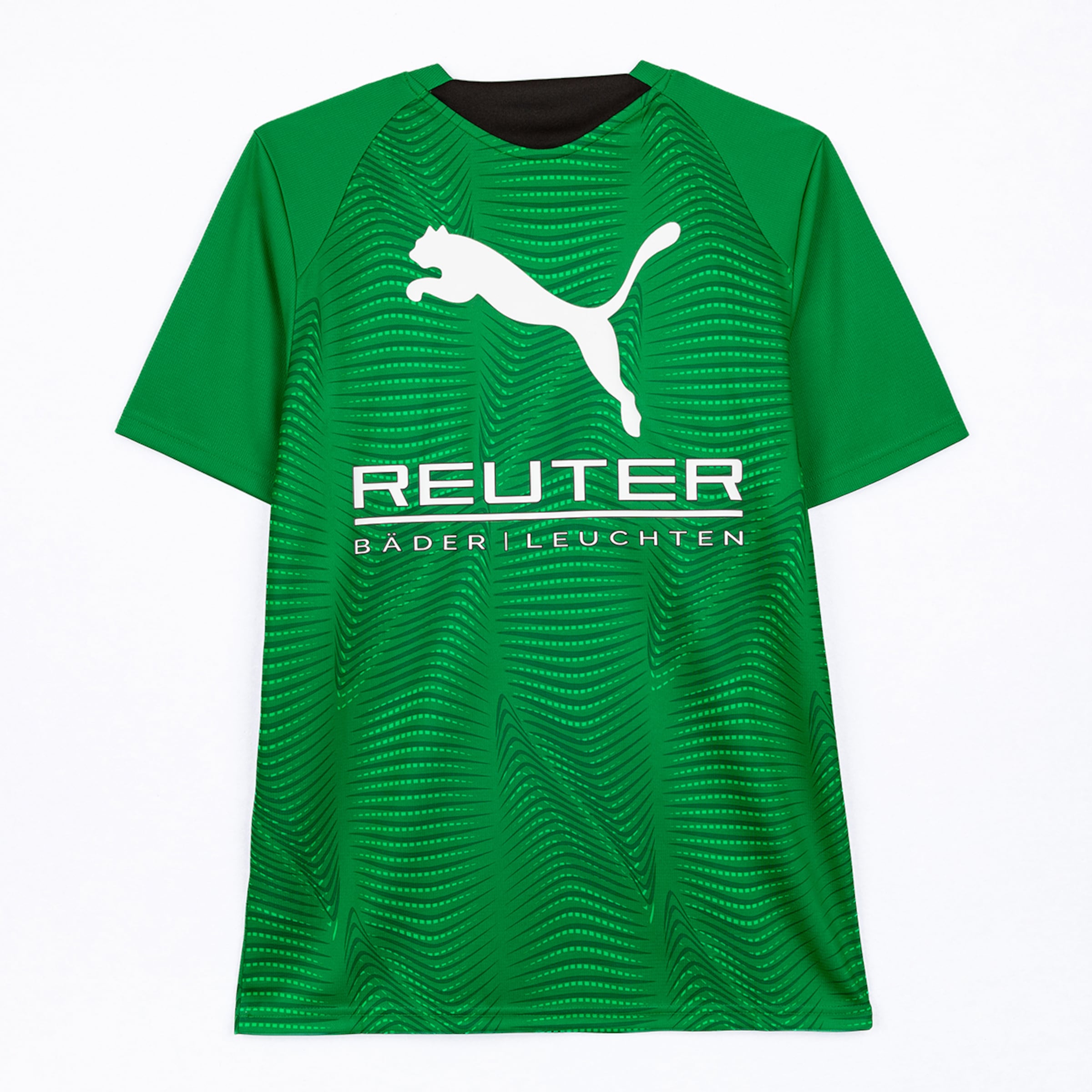 A green football jersey with a white Puma logo, a white 'REUTER BÄDER | LEUCHTEN' sponsor, and a dark green patterned design, laid flat on a white background.