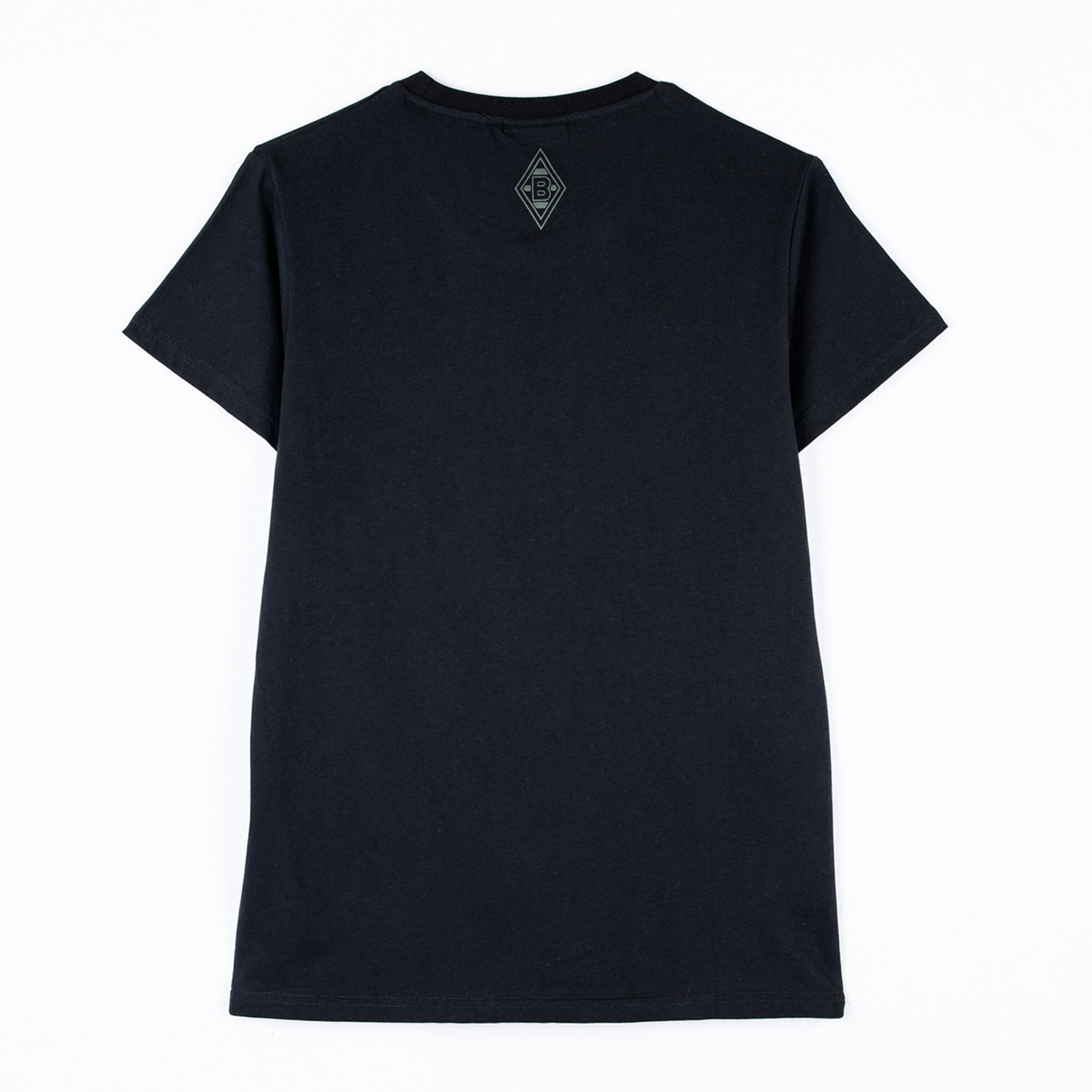 Schwarzes T-Shirt mit rundem Innenetikett auf der Rückseite.