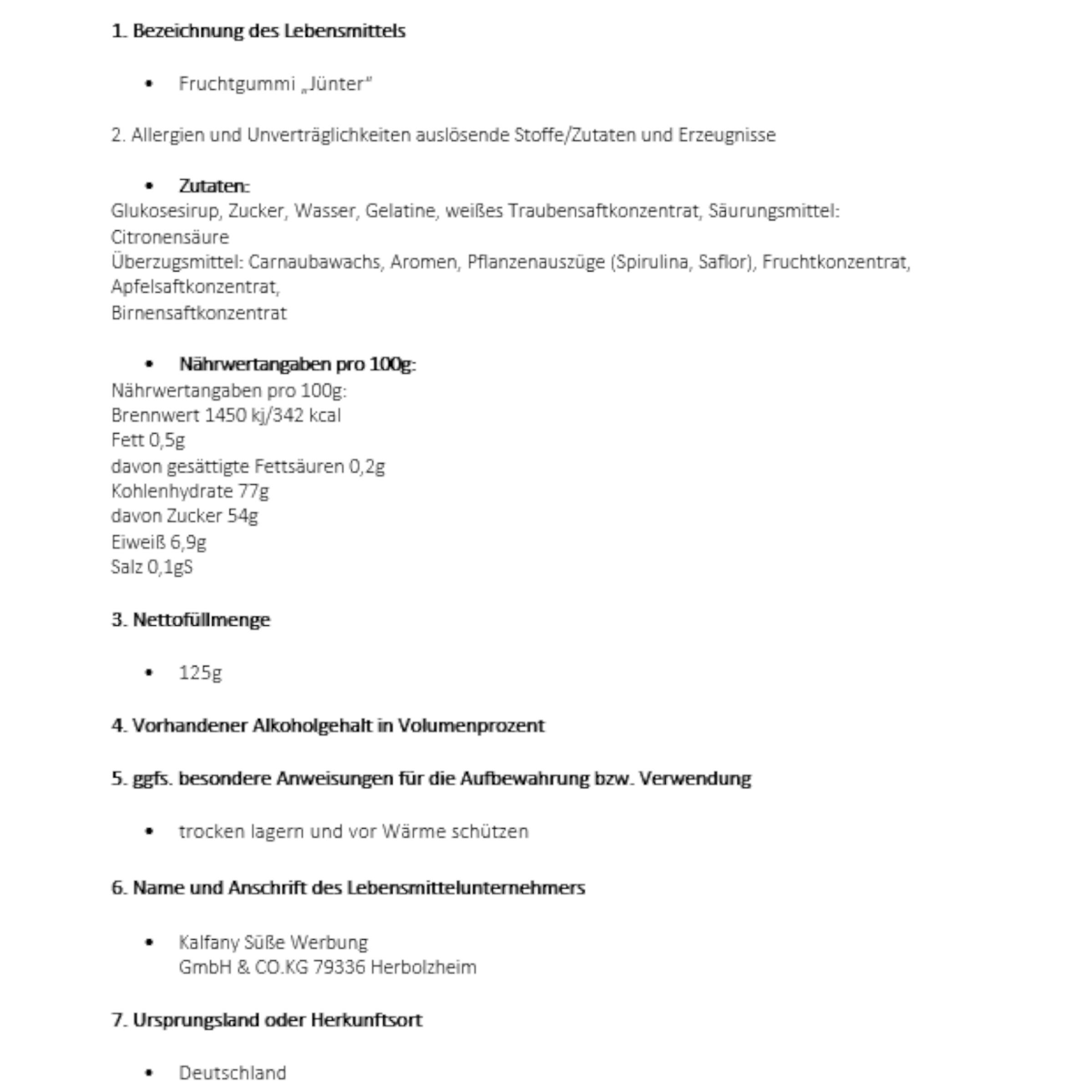 Lebensmittelangaben für Jünter Fruchtgummi inklusive Zutaten und Nährwerte pro 100g.