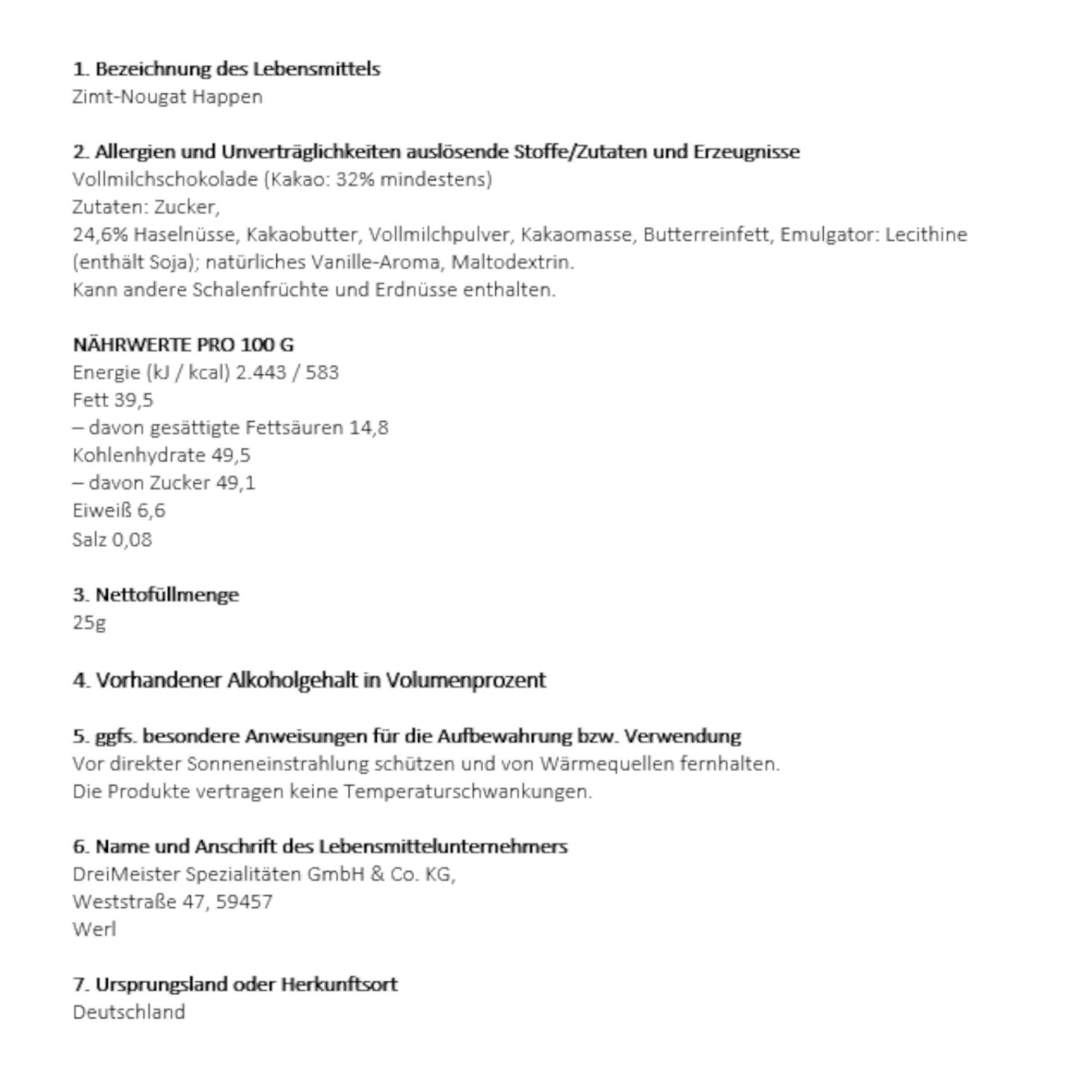 Nutritional table for cinnamon nougat bites with ingredients and nutritional information.