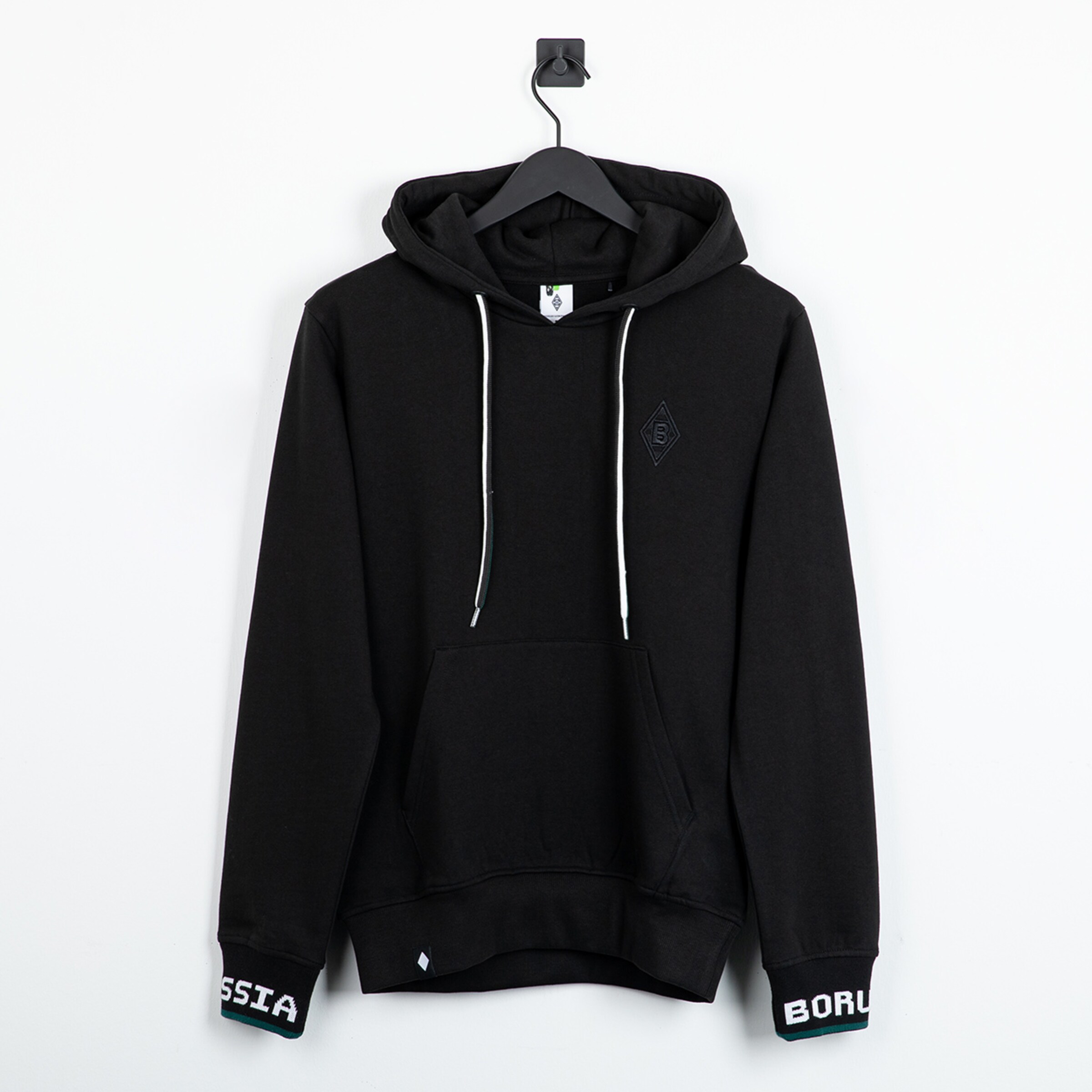 Black hoodie on a black hanger. Features white drawstrings and green-white cuffs with "BORUSSIA" lettering.