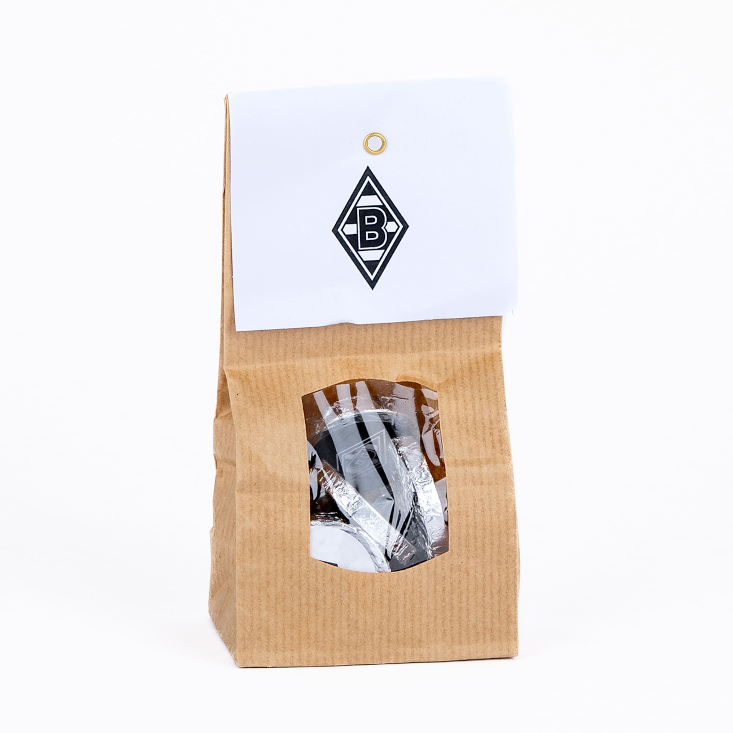 Braune Papiertüte mit Sichtfenster, gefüllt mit Süßigkeiten. Oben ist ein weißes Etikett mit dem Borussia Mönchengladbach Logo angeheftet.