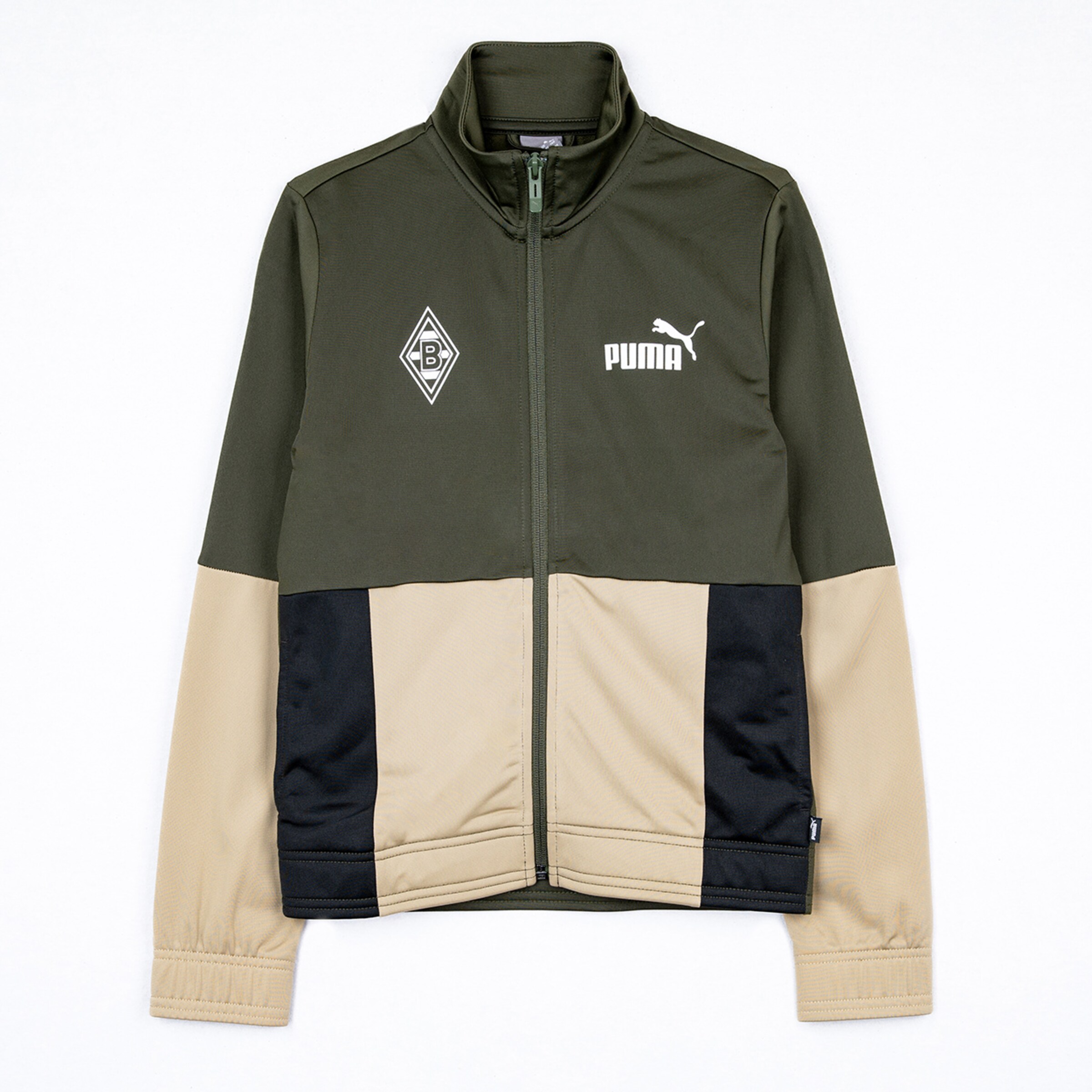 Dunkelgrüne Puma Jacke mit beigen Ärmeln und Borussia Mönchengladbach-Logo.