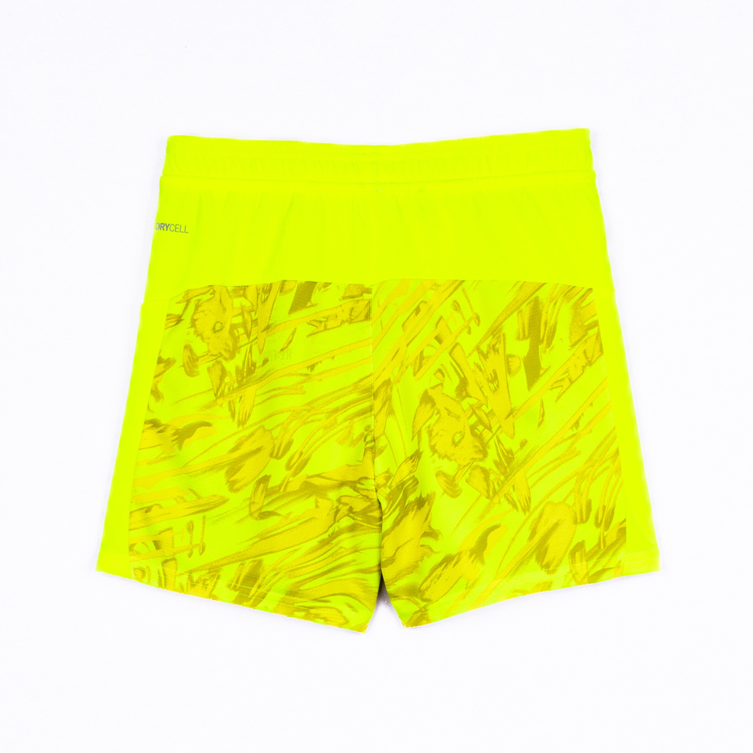 Kurze Sporthose in leuchtendem Gelb mit grafischem Muster.