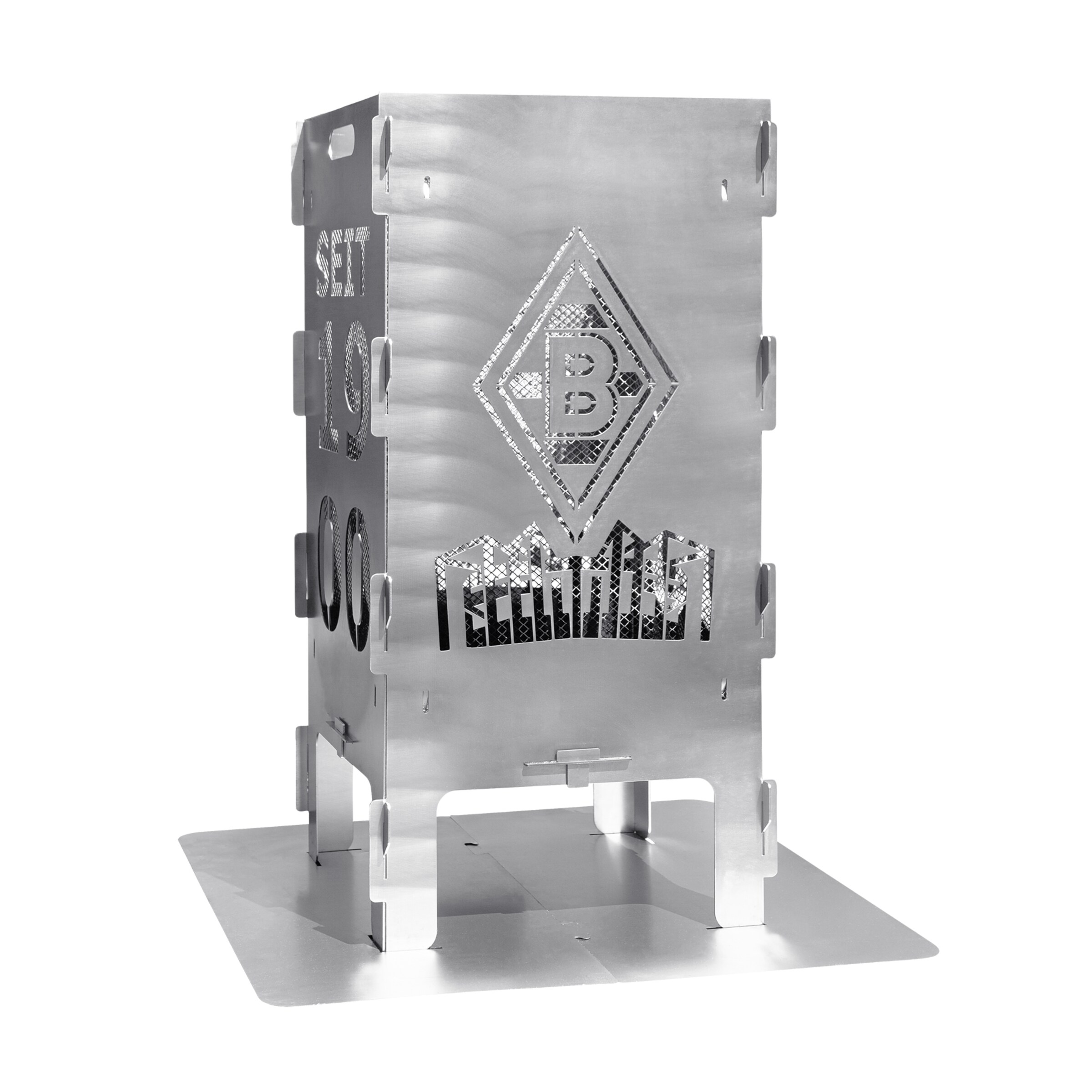 Grill aus Edelstahl mit dem Borussia Mönchengladbach Logo und SET Schriftzug.