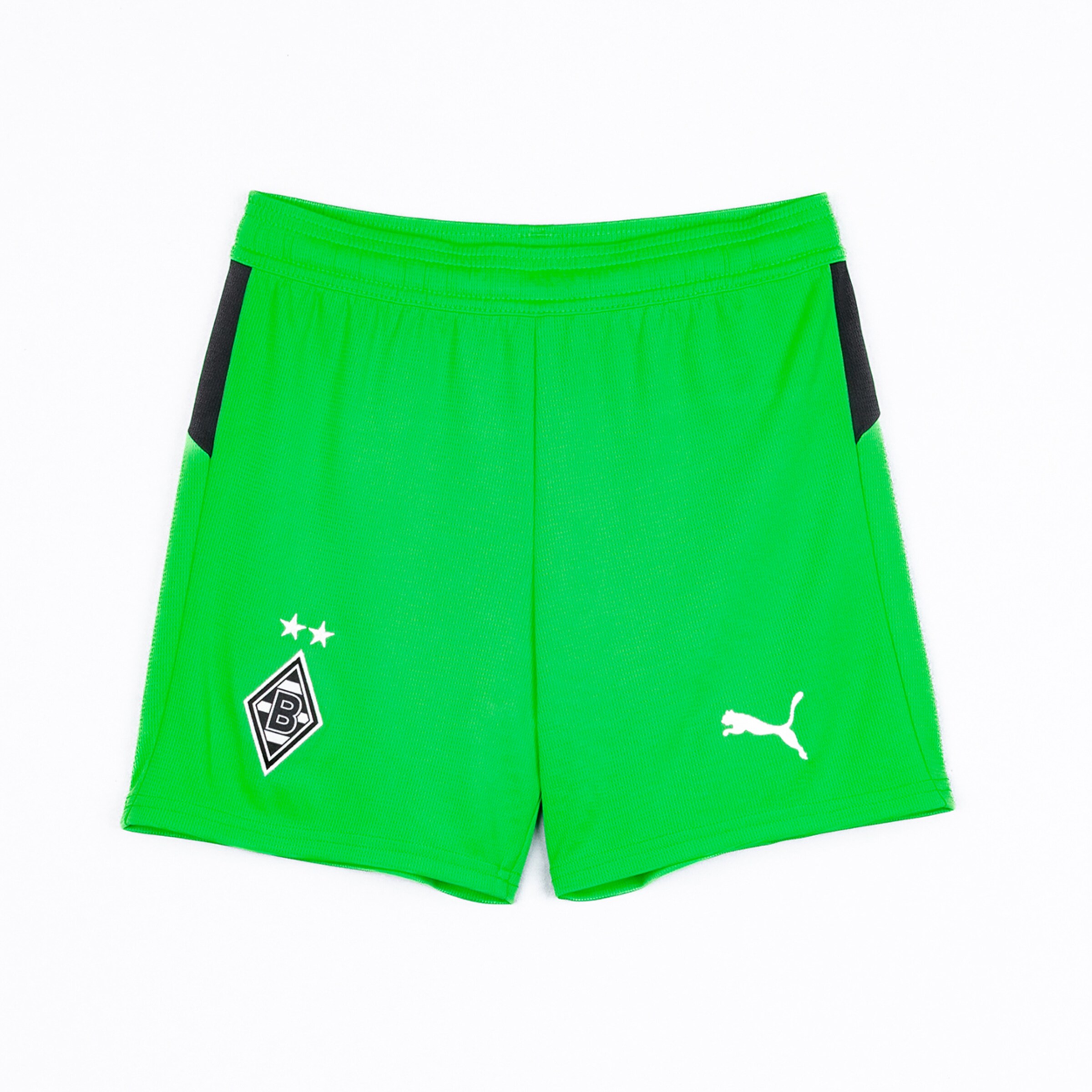 Green sports shorts with black nylon insert featuring Borussia Mönchengladbach and Puma logos.