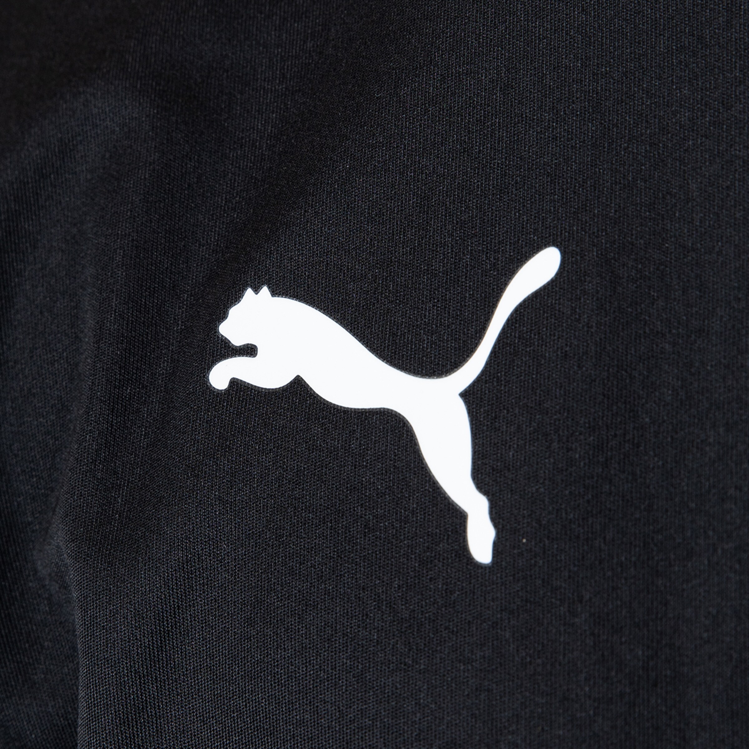 Puma logo in white on black fabric.