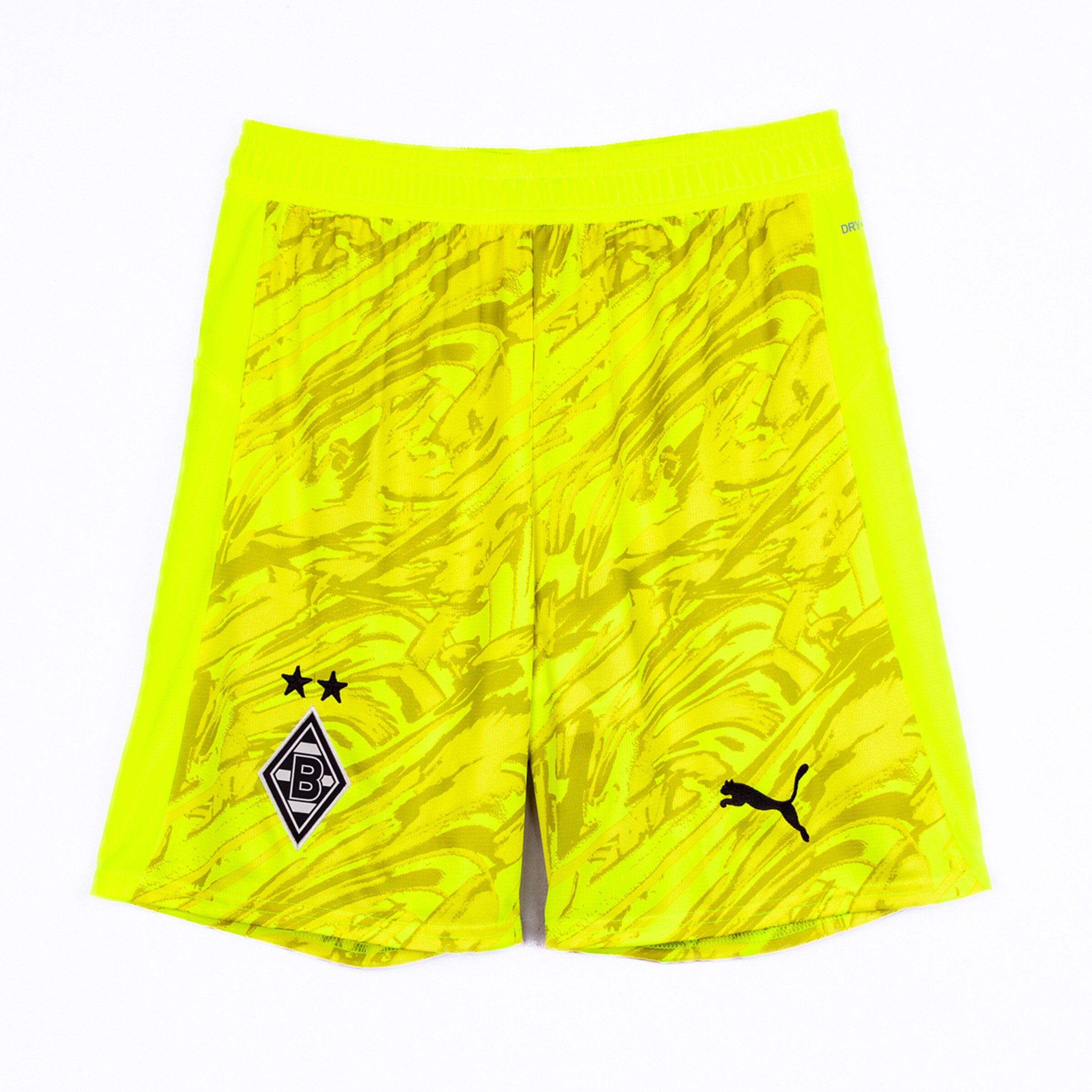 Neon yellow football shorts by Puma featuring Borussia Mönchengladbach logo.