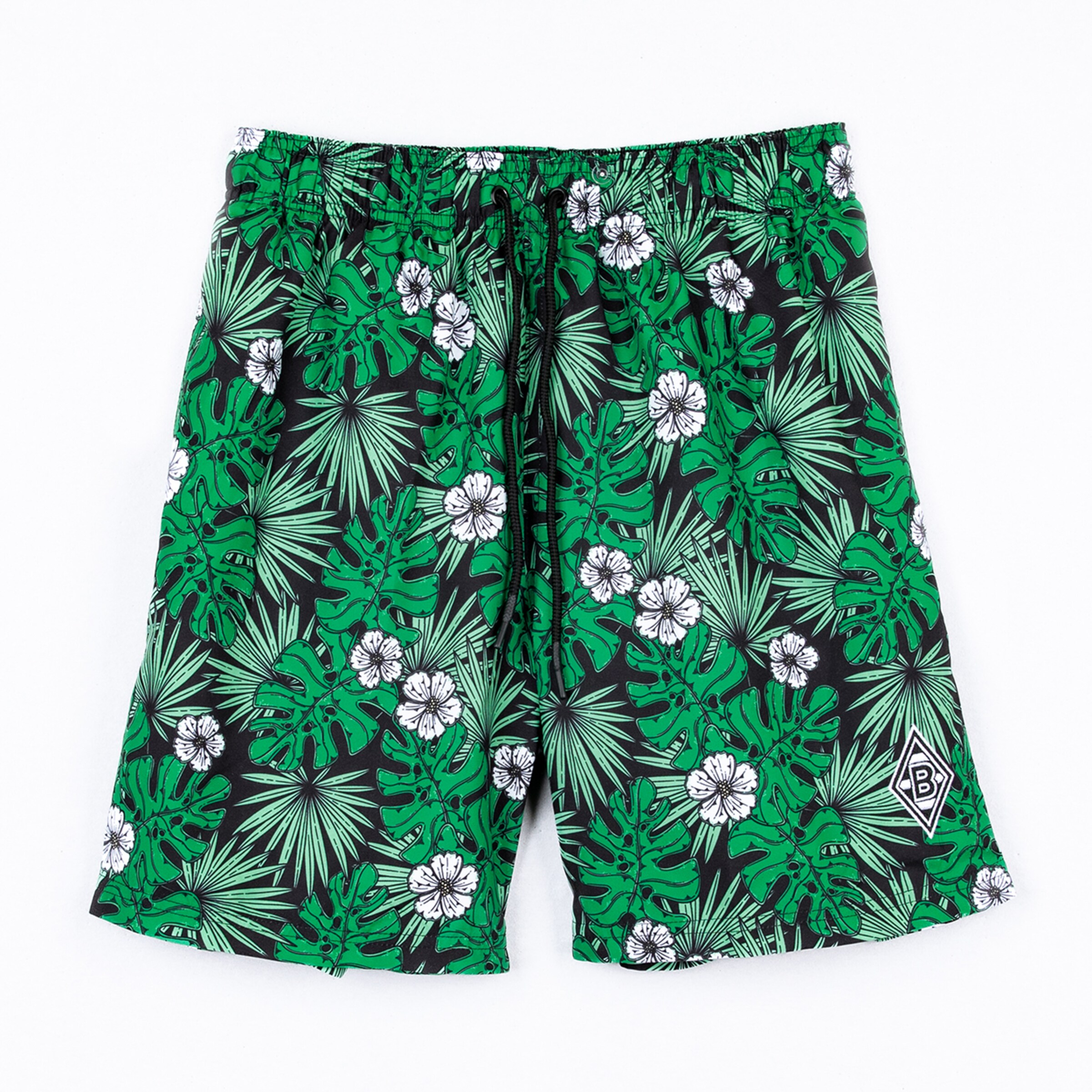 Badehose mit tropischem Pflanzenmuster in Grün und Weiß mit elastischem Bund.