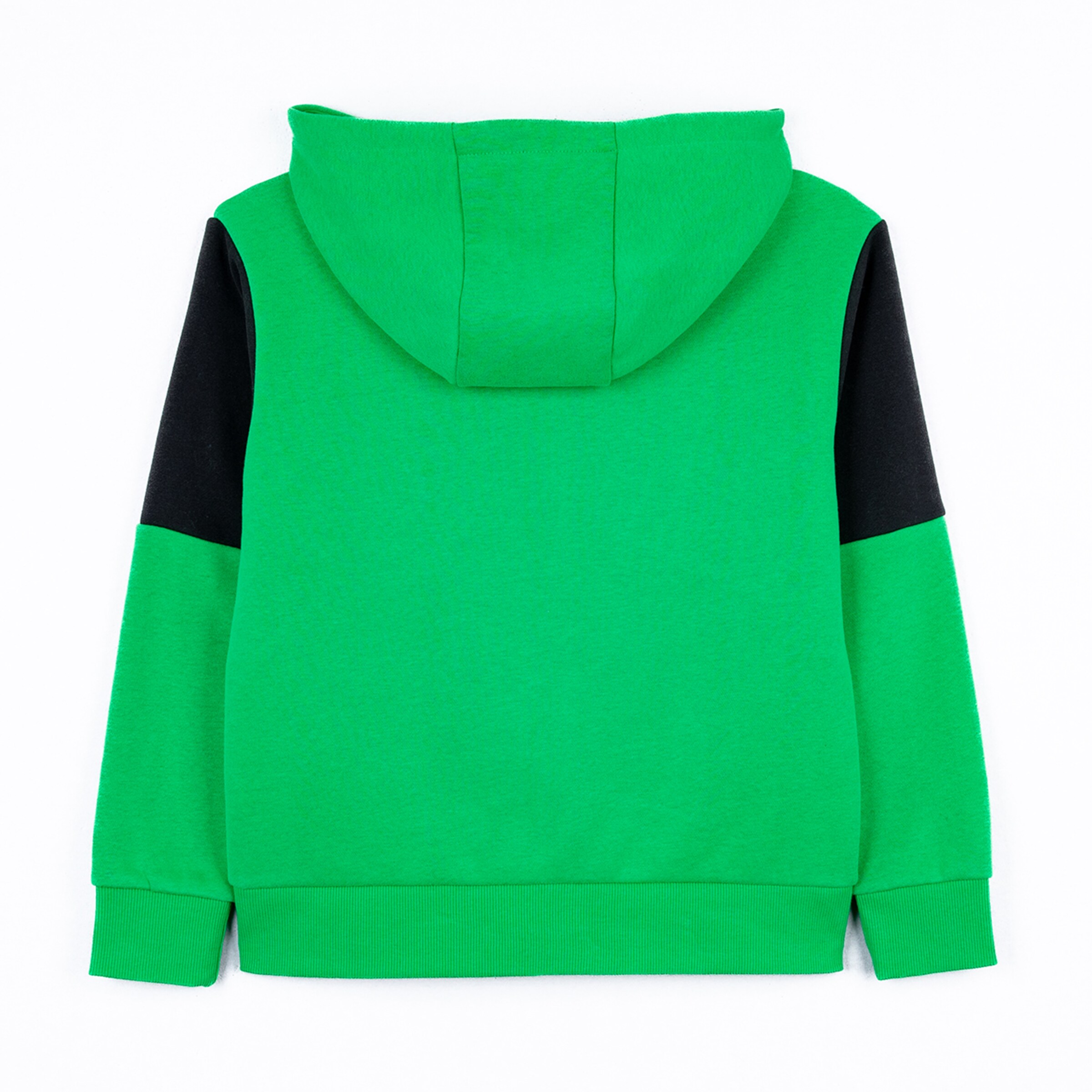 Green hoodie with black sleeves rear view.