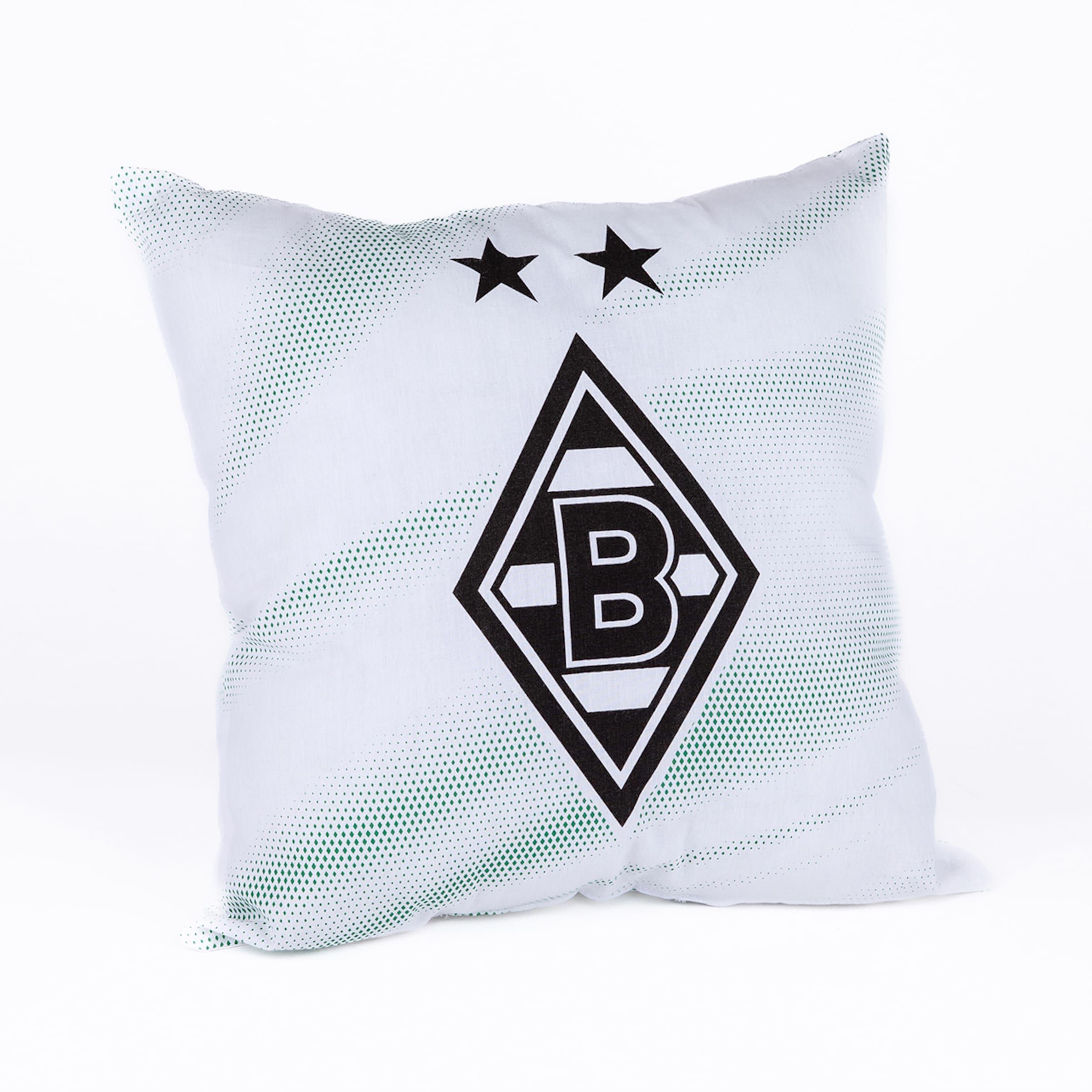 Weißes Kissen mit dem Logo von Borussia Mönchengladbach (schwarze Raute mit B), zwei Sternen und grünem Wellenmuster aus Punkten.