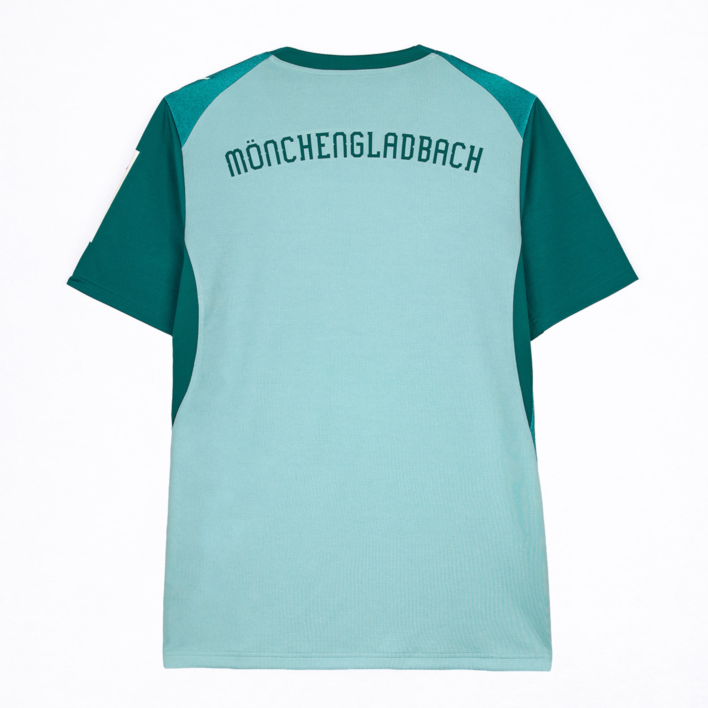 Rückansicht eines helltürkisen T-Shirts mit dunkeltürkisen Ärmeln und Schulterpartien, mit der Aufschrift „MÖNCHENGLADBACH“ im oberen Rückenbereich auf weißem Hintergrund.