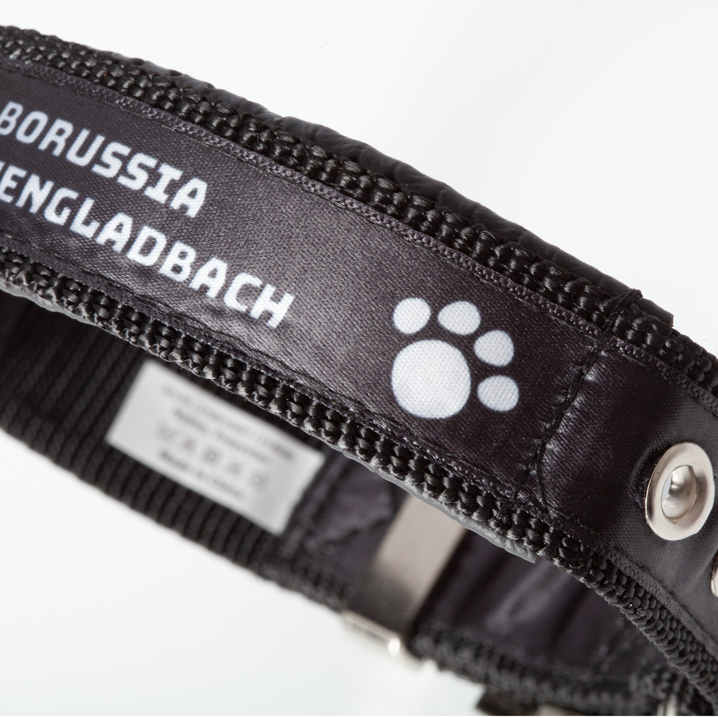 Black dog collar with BORUSSIA MÖNCHENGLADBACH printed and a paw logo.