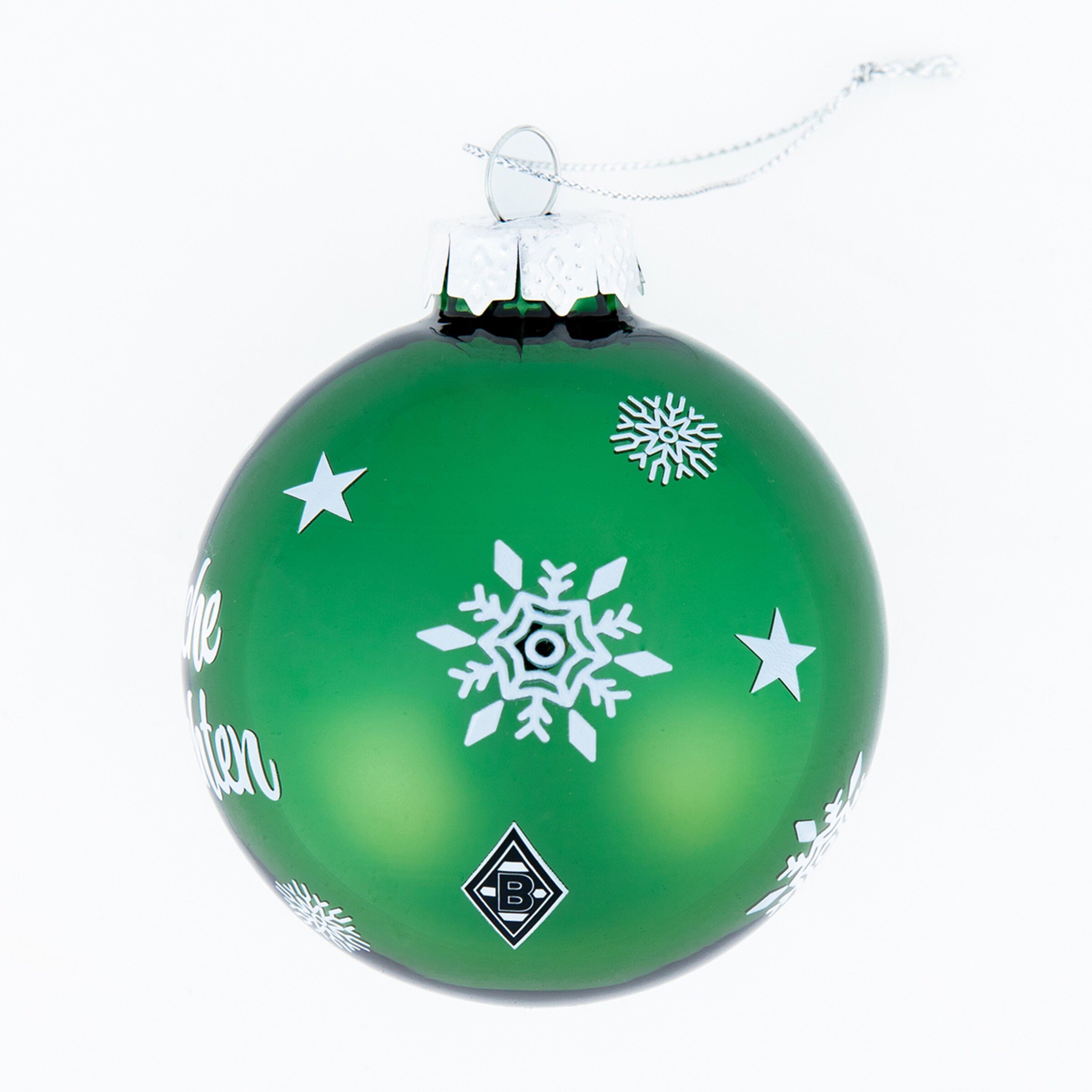 Green Christmas ornament with stars and a snowflake design featuring the Borussia Mönchengladbach logo in the center.