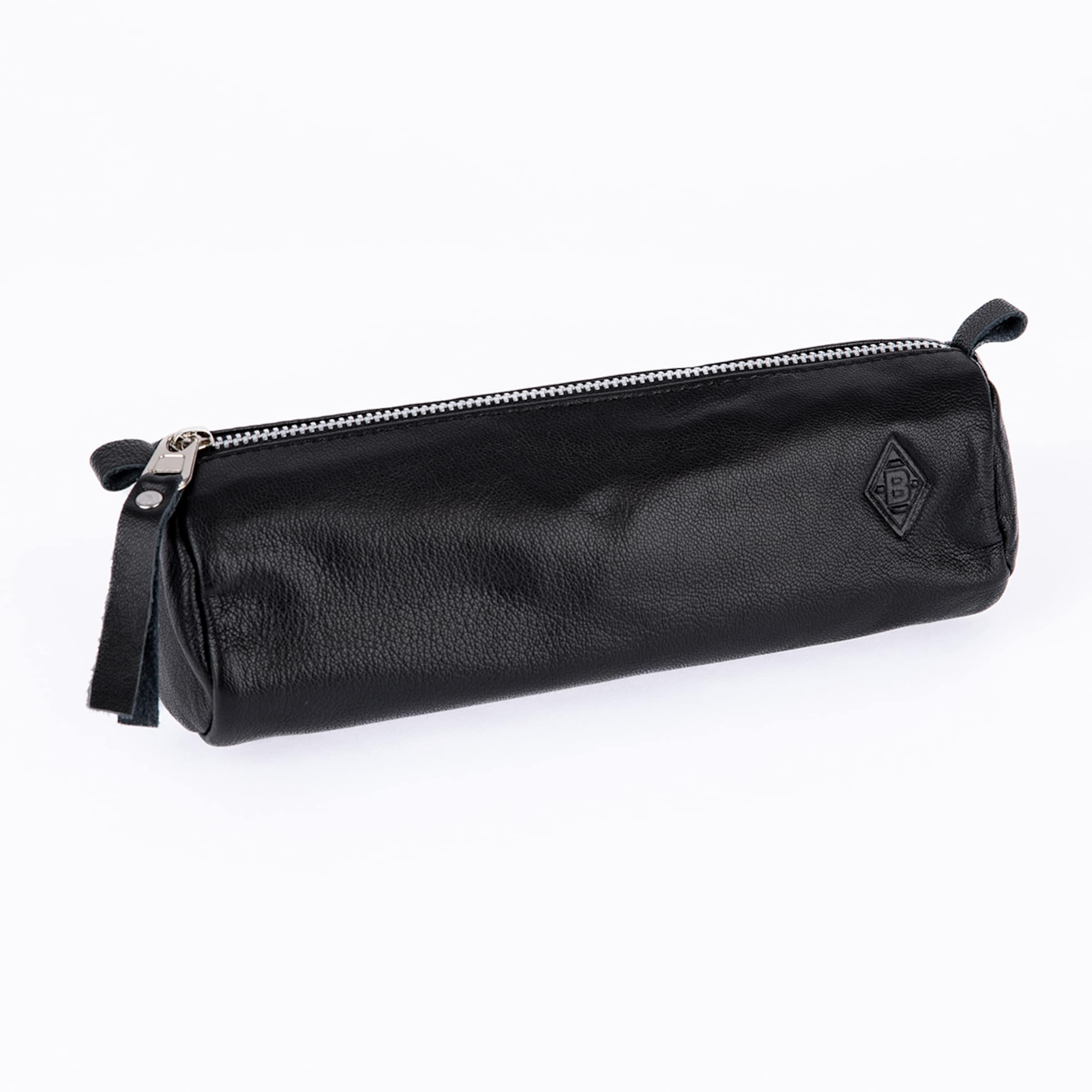 A black leather cylindrical pencil case or pouch, lying horizontally on a white background. It has a silver zipper closure and a subtle, embossed diamond-shaped 'B' logo on the front.
