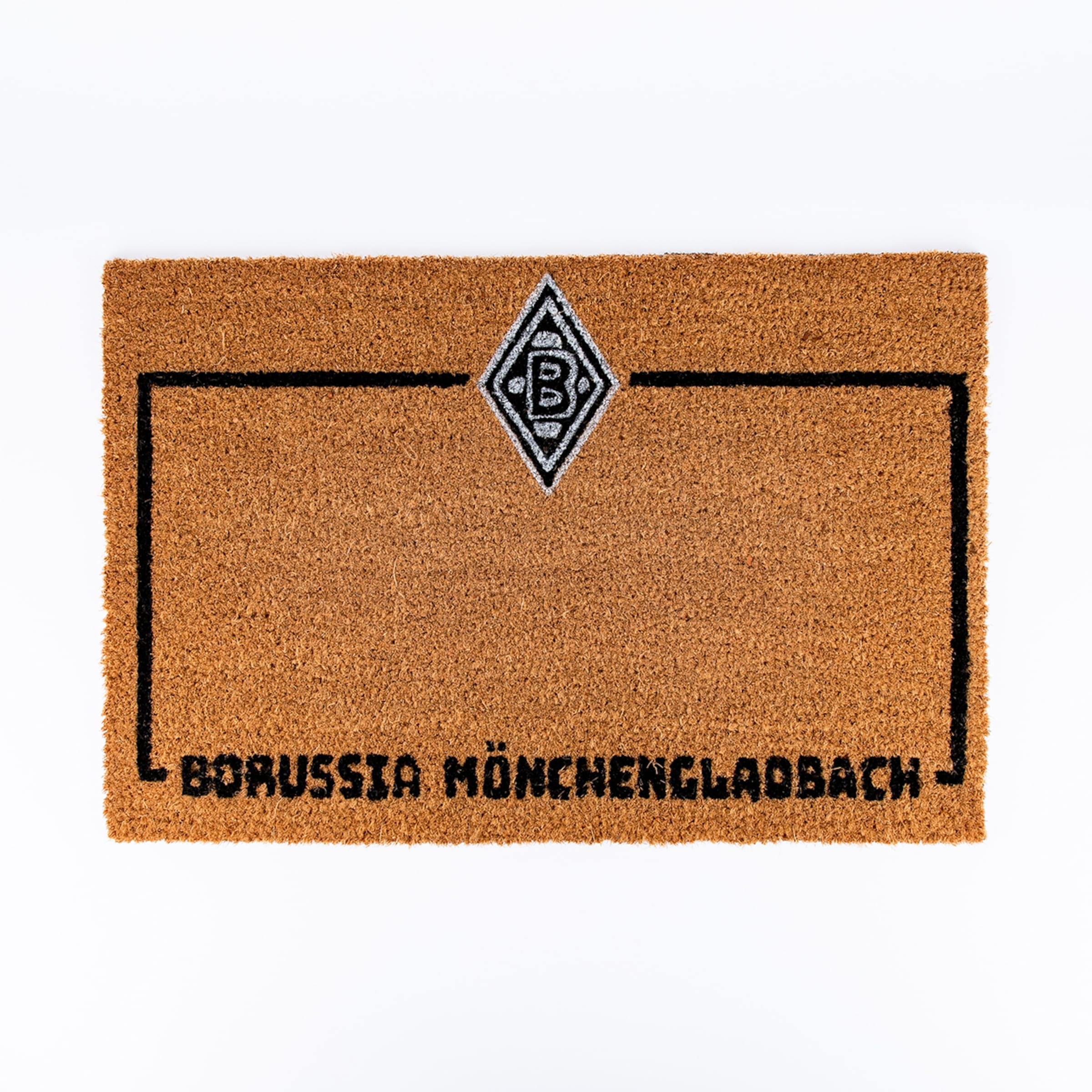 Braune Kokos-Fußmatte mit schwarzem Rand und dem weißen „B“-Logo von Borussia Mönchengladbach in einer schwarzen Raute. Unten steht „BORUSSIA MÖNCHENGLADBACH“ in Schwarz.