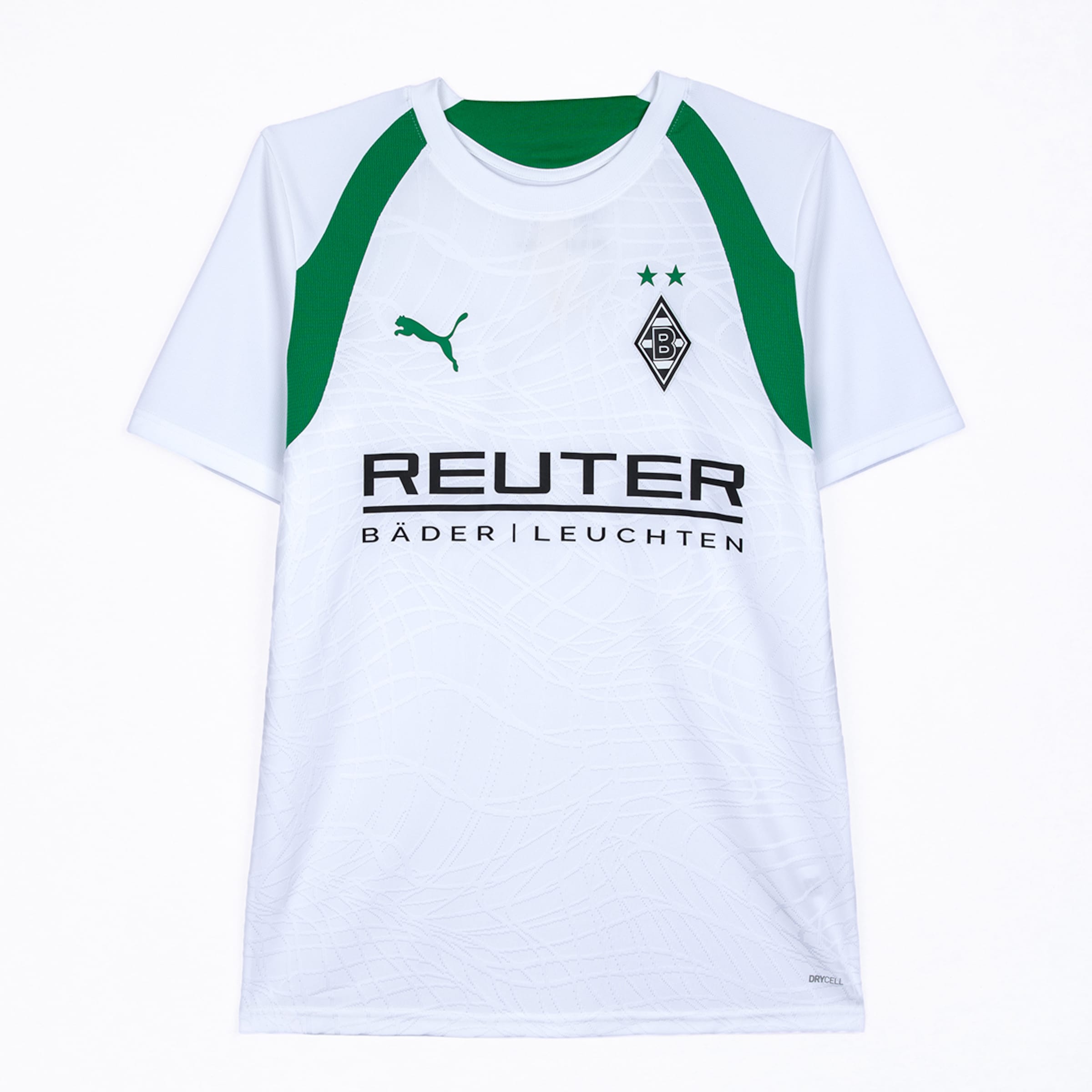 White Borussia Mönchengladbach football jersey with green accents. It features the Puma logo, the club crest with stars, and the 'REUTER' sponsor. A subtle embossed pattern is visible.