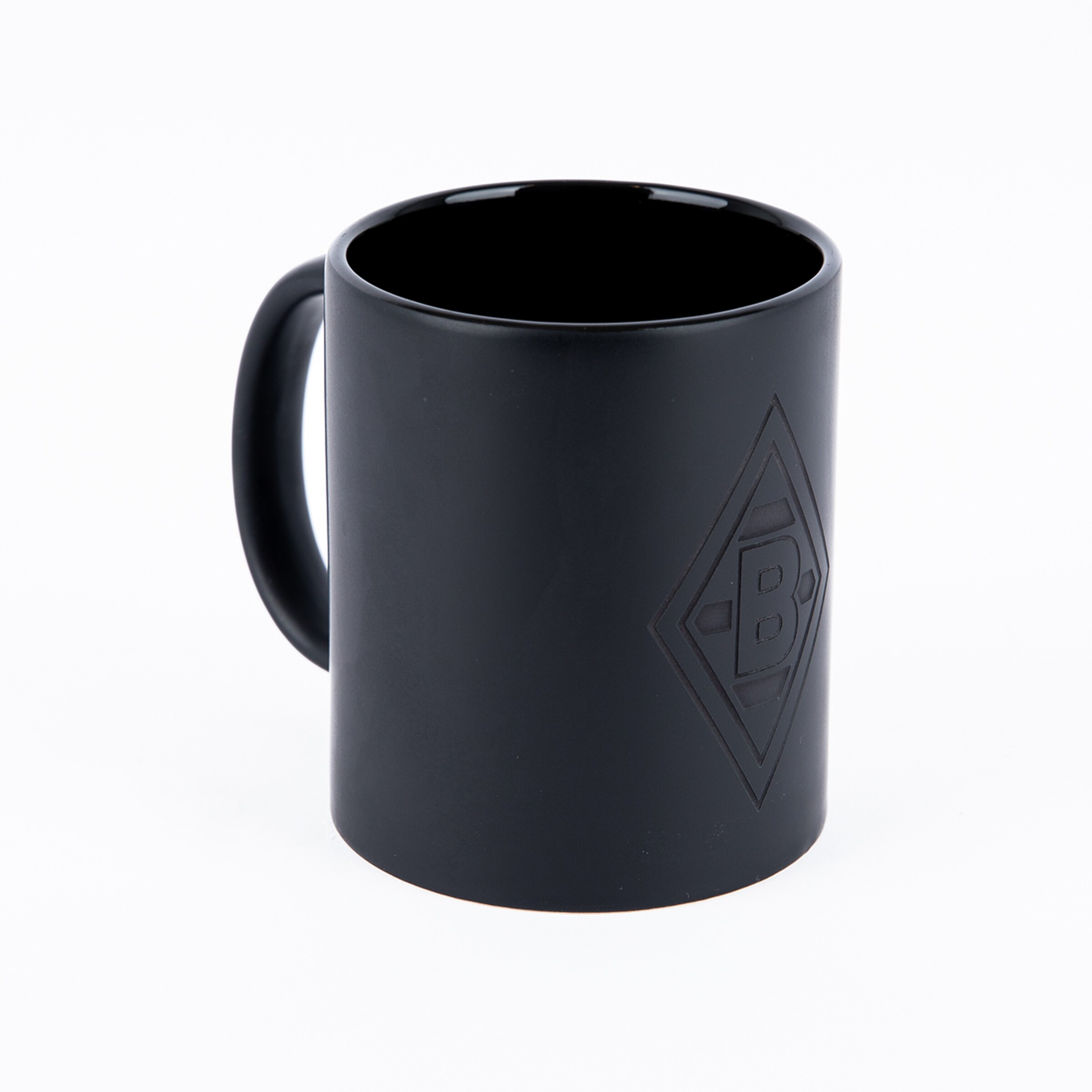 Black mug with embossed Borussia Mönchengladbach logo.