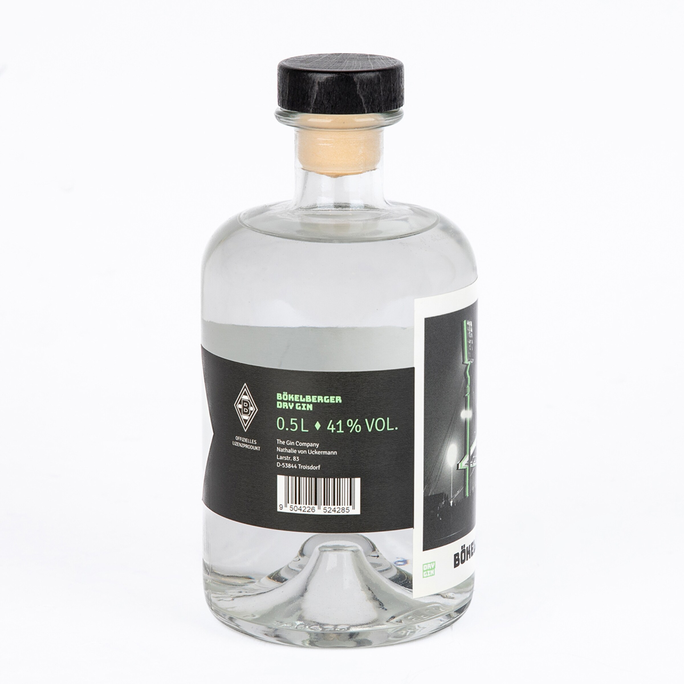 Klare Glasflasche Bökelberger Dry Gin (0,5L, 41% Vol.) mit schwarzem Etikett, grünem Text und schwarzem Korken auf weißem Hintergrund.