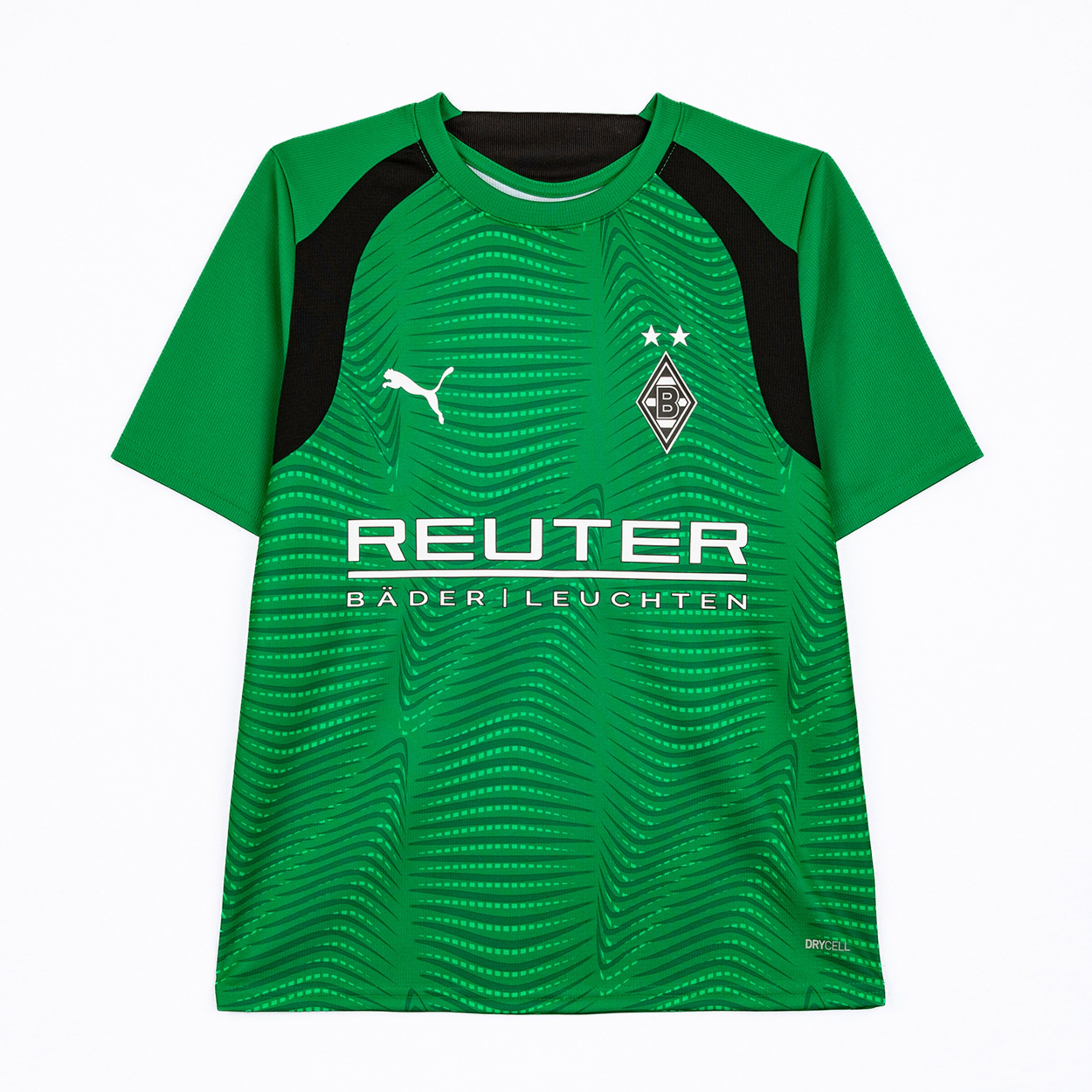 Green Puma Borussia Mönchengladbach football jersey with black side panels, Reuter sponsor on the chest, and a pattern of wavy and dotted stripes. The PUMA cat and BMG logo are also printed.