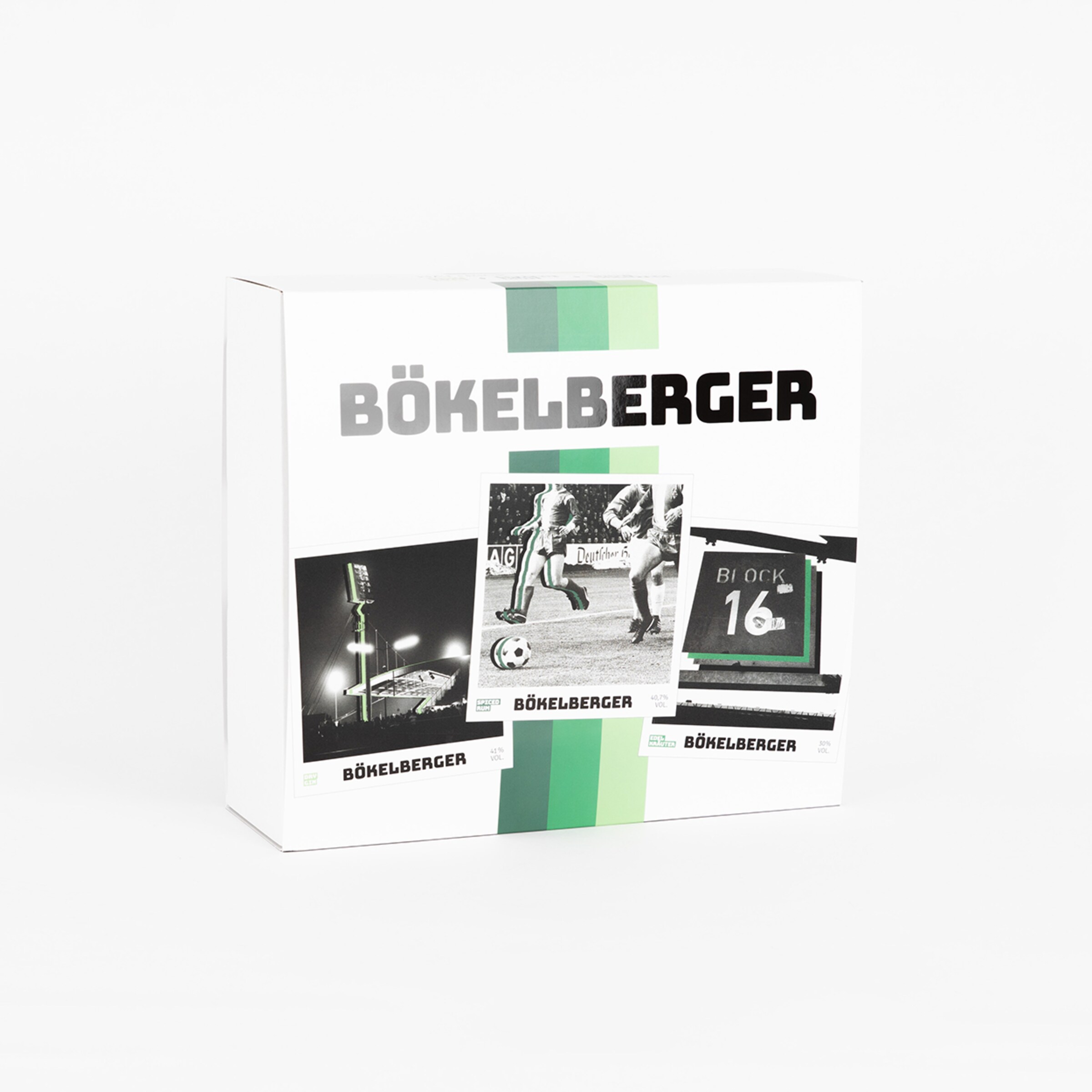 Produktverpackung für Bökelberger mit Bildern von Fußballmomenten und dem Schriftzug Bökelberger.