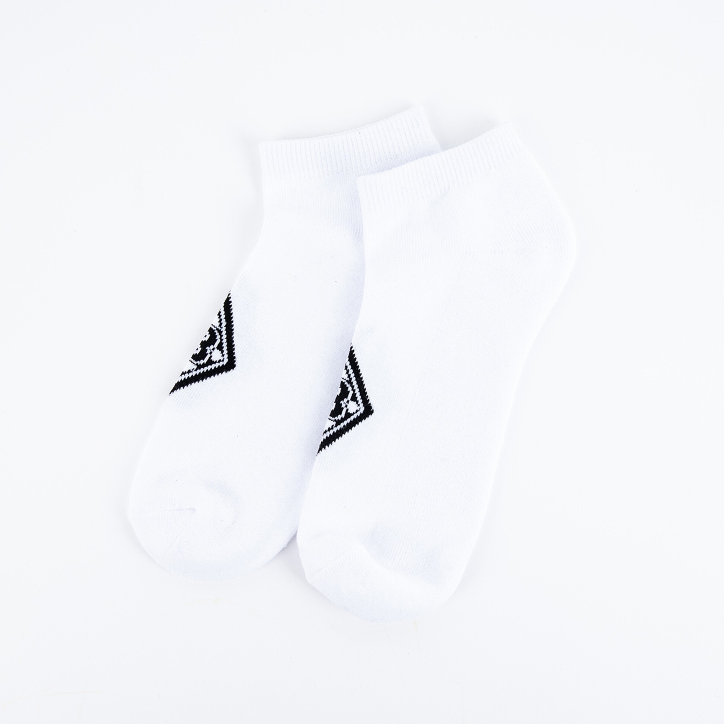 White socks featuring a black logo on the side.