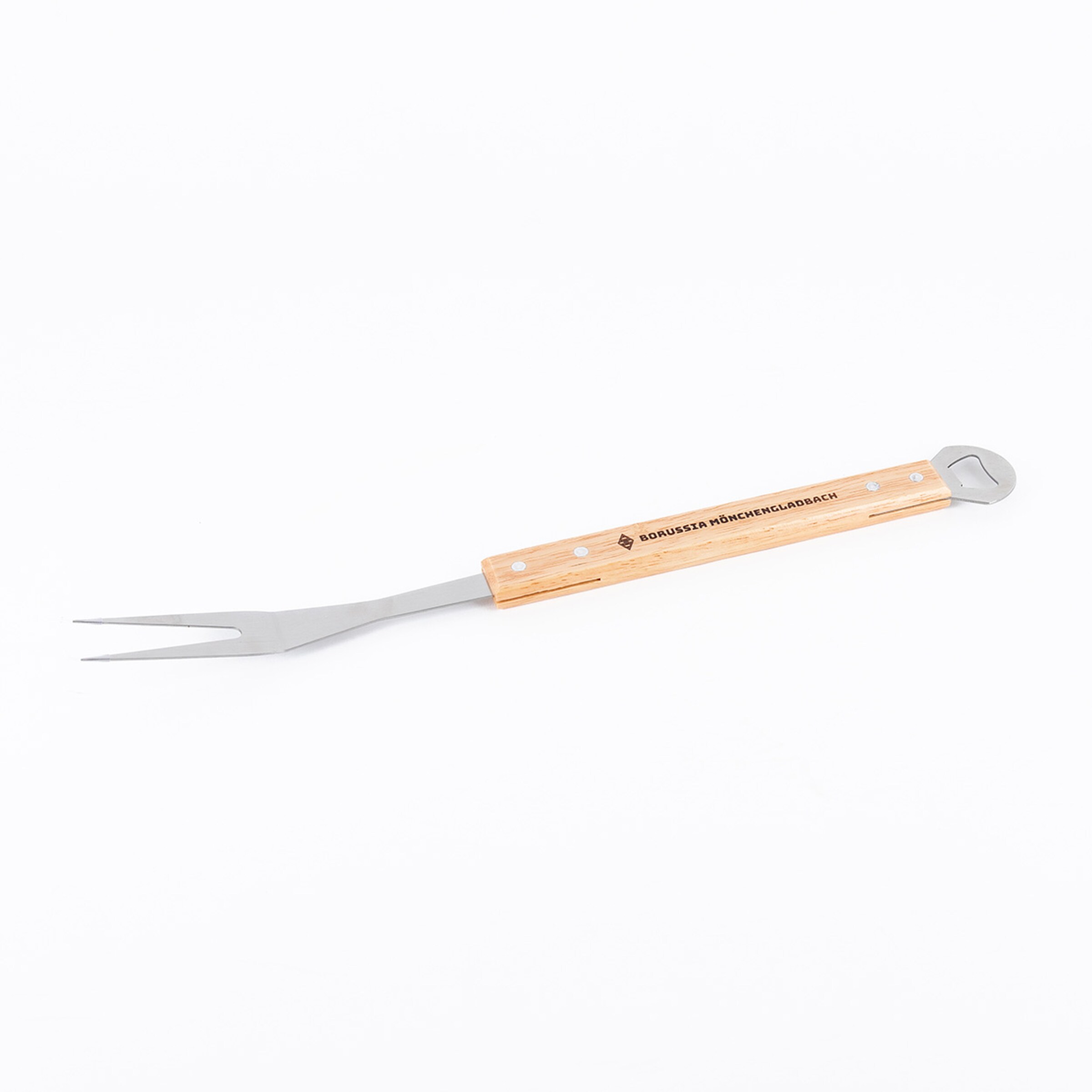 Grill fork made of stainless steel with a wooden handle and Borussia Mönchengladbach logo.