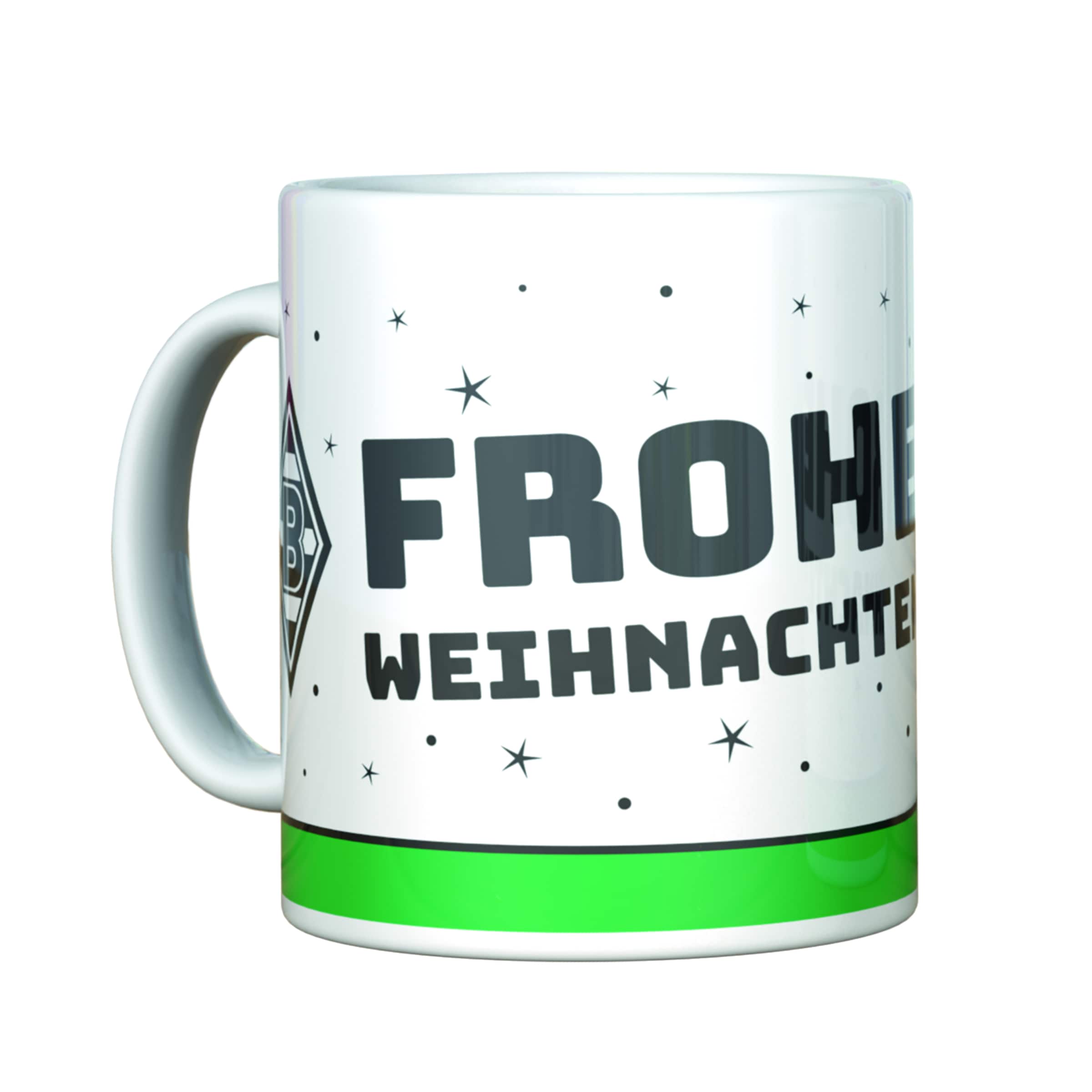 Tasse mit dem Schriftzug Frohe Weihnachten und einem grünen Rand.