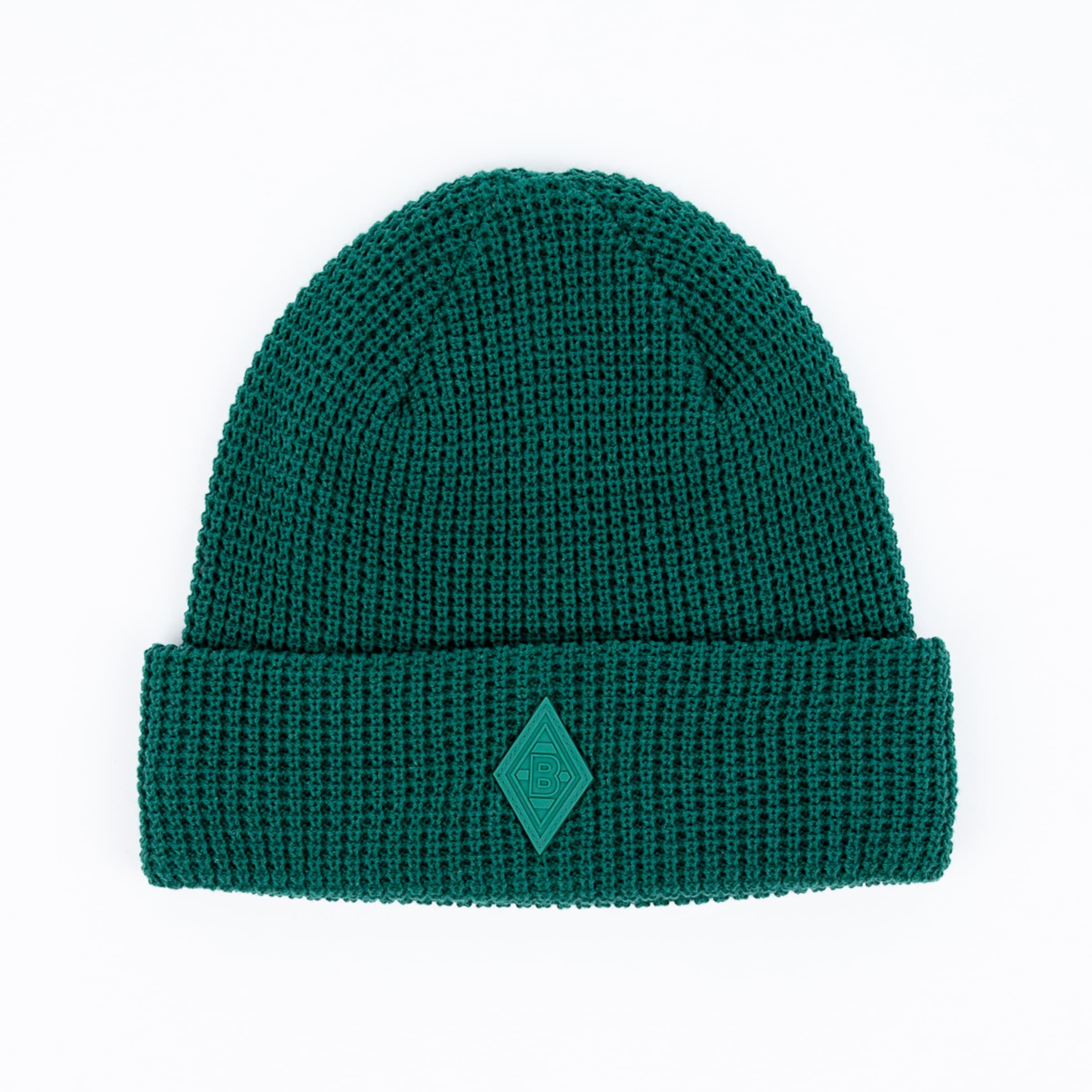 Grüne Strickmütze mit eingeprägtem Logo von Borussia Mönchengladbach.