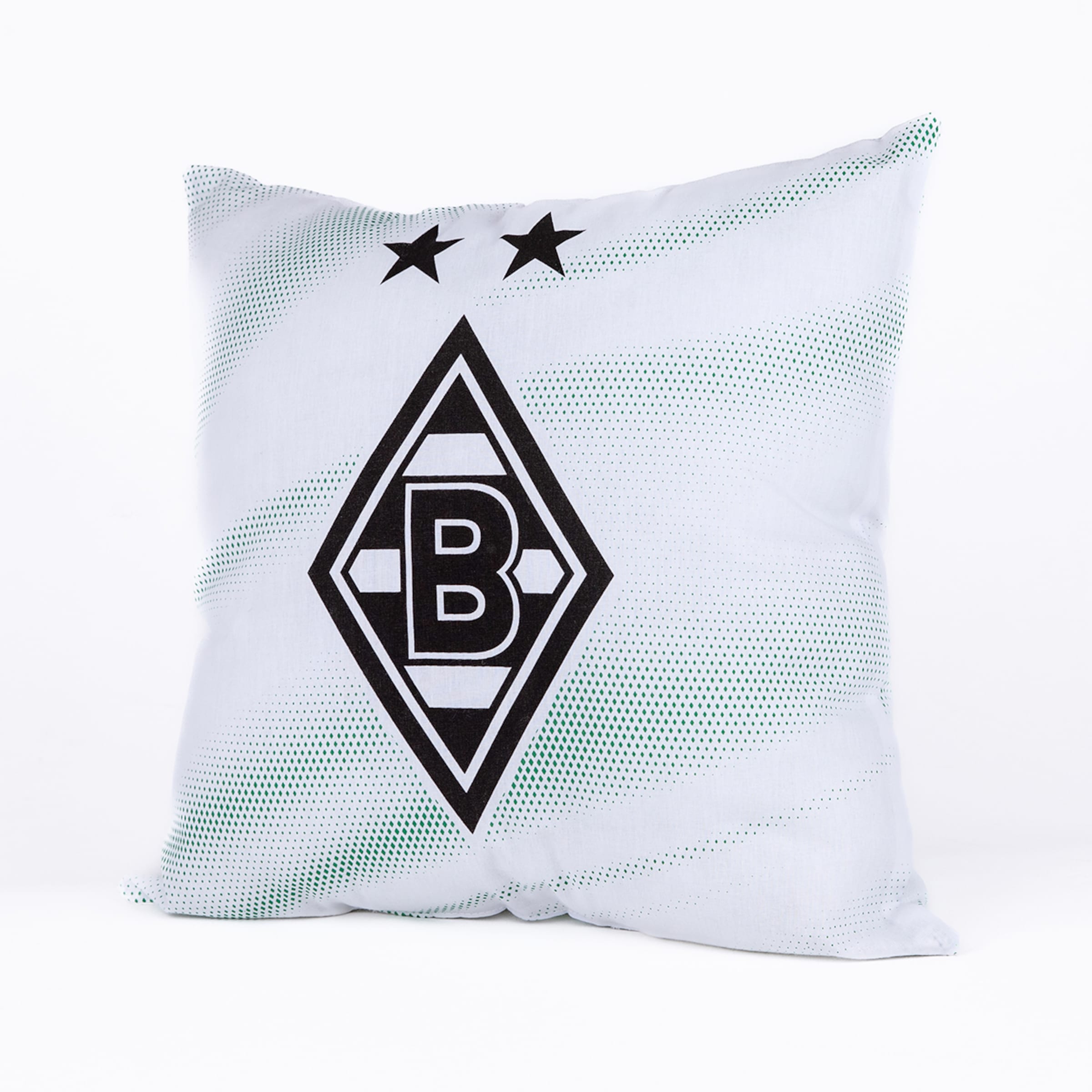Weißes Kissen mit dem Borussia Mönchengladbach Logo, zwei schwarzen Sternen und grünen diagonalen Punktmustern.
