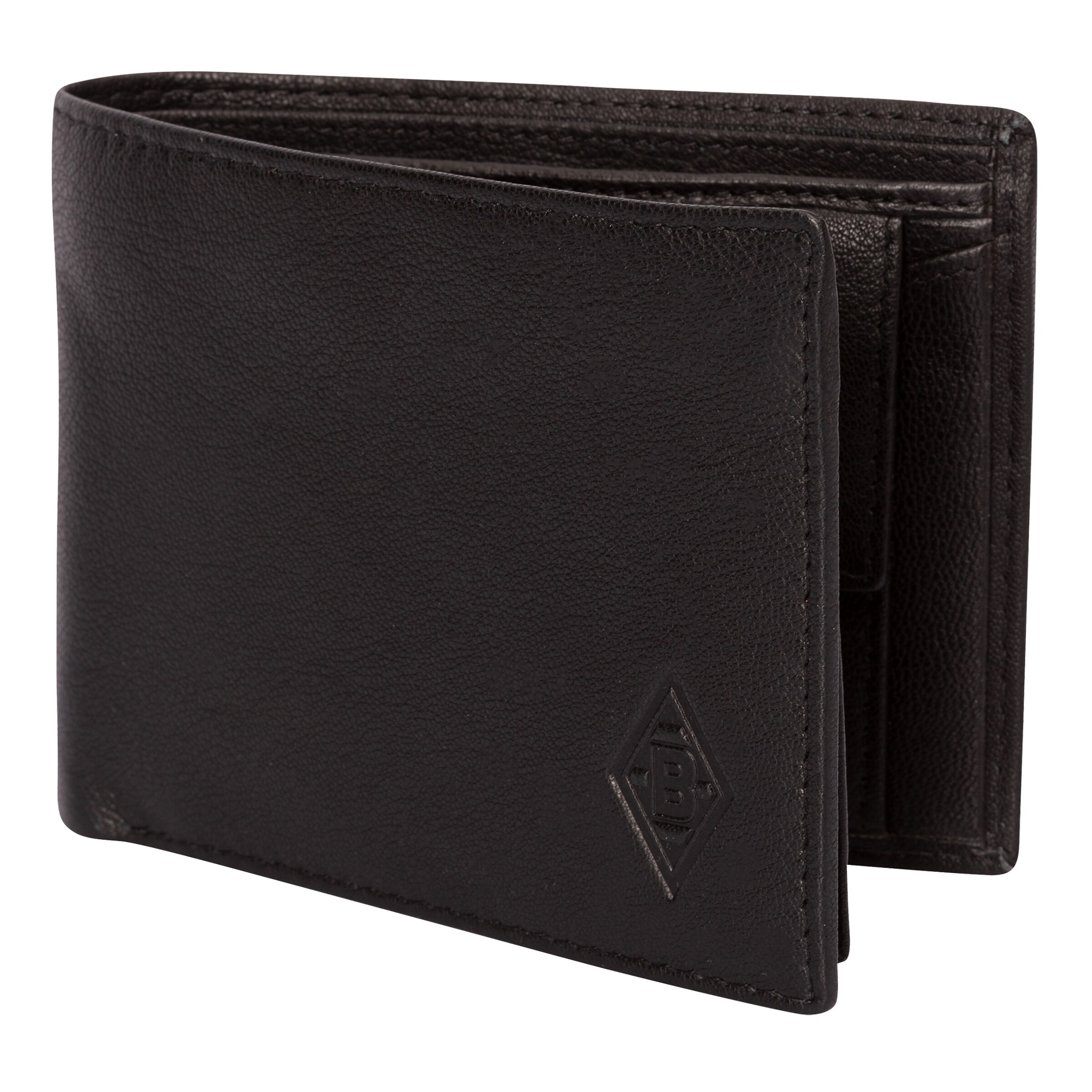 Schwarze Lederbörse mit einem eingeprägten Borussia Mönchengladbach-Logo.