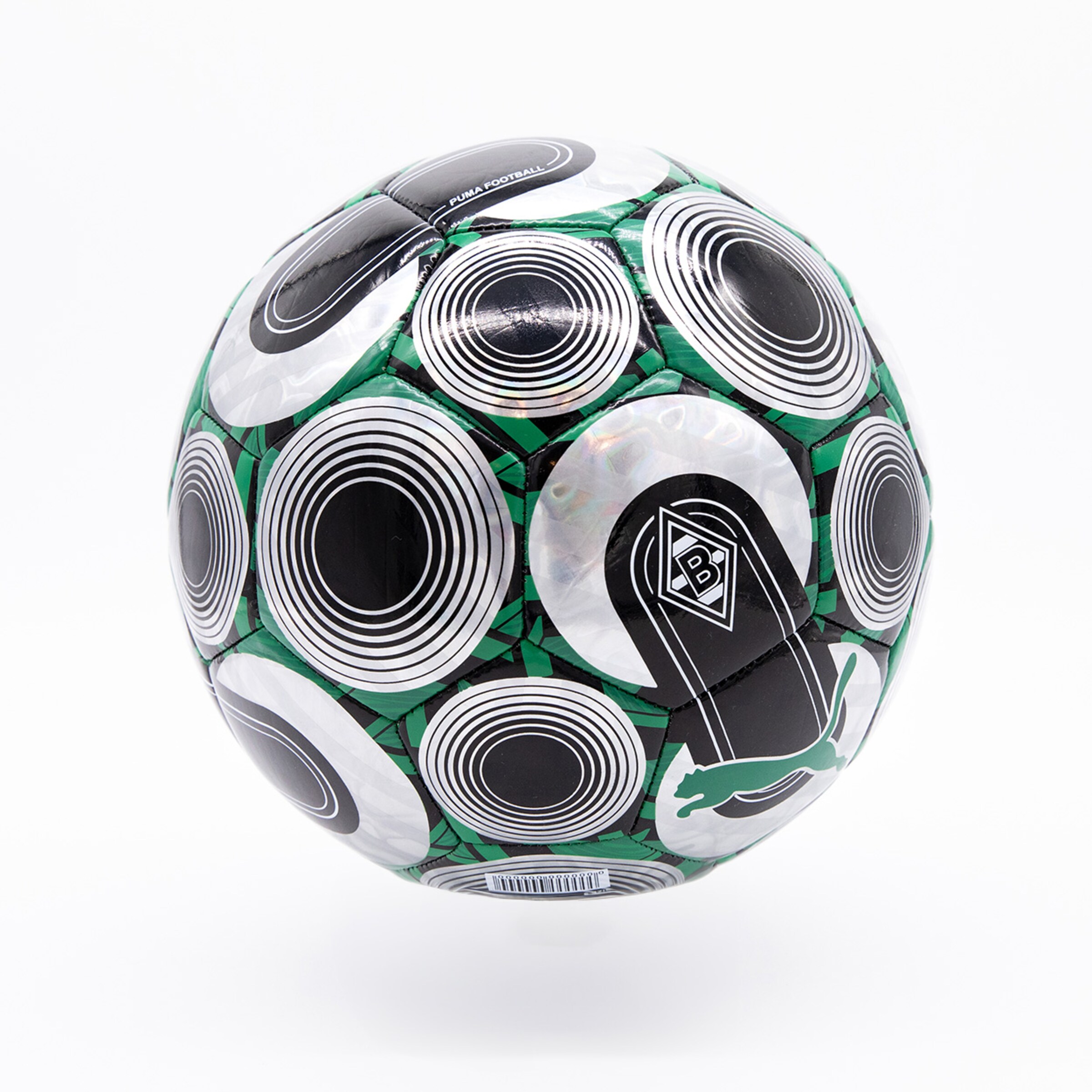 Grüner Fußball mit weiß-schwarzem Borussia Mönchengladbach Logo und kreisförmigen Mustern.