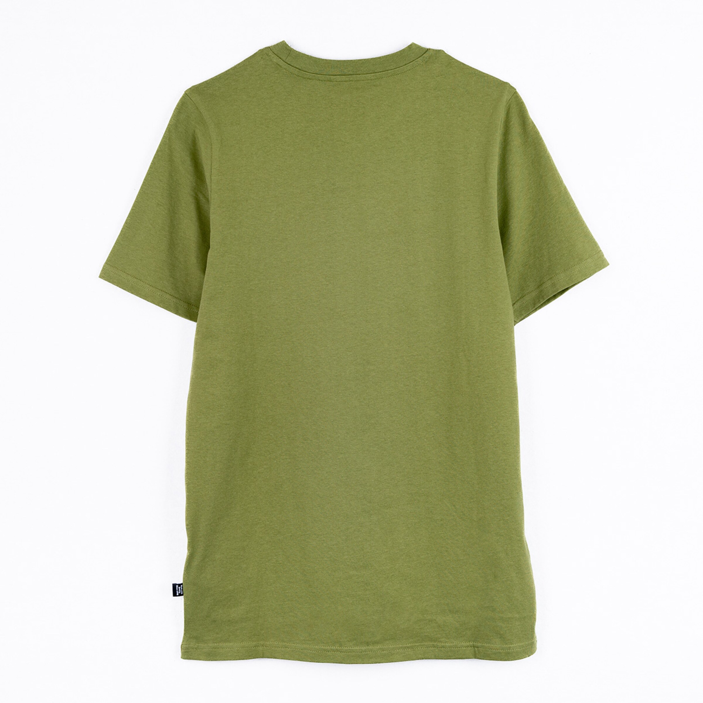 Green T-shirt viewed from the back with short sleeves.