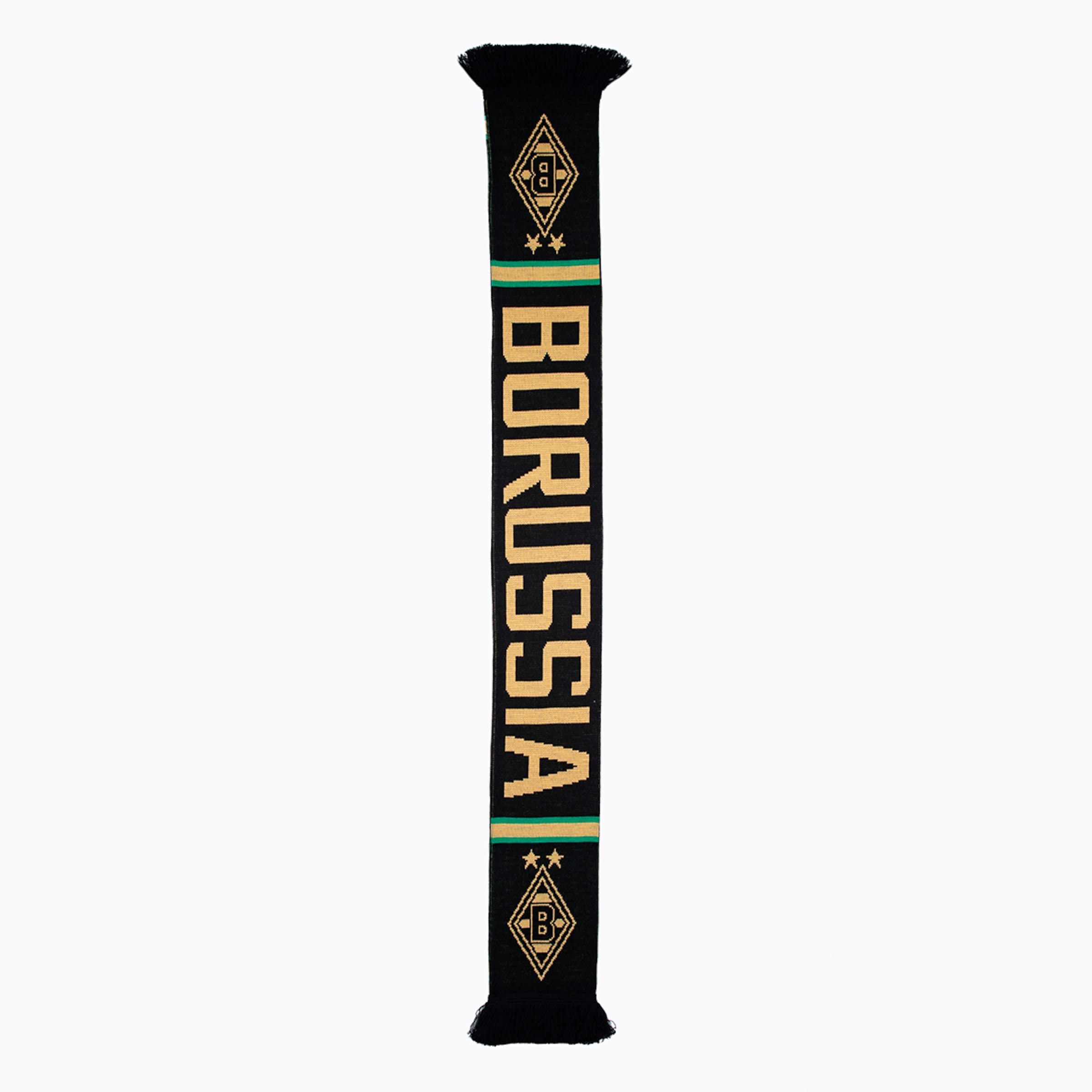 Schwarzer Borussia Mönchengladbach Strickschal mit goldenem Schriftzug, Rauten-Logo und zwei Sternen. Grüne und goldene Streifen-Details.