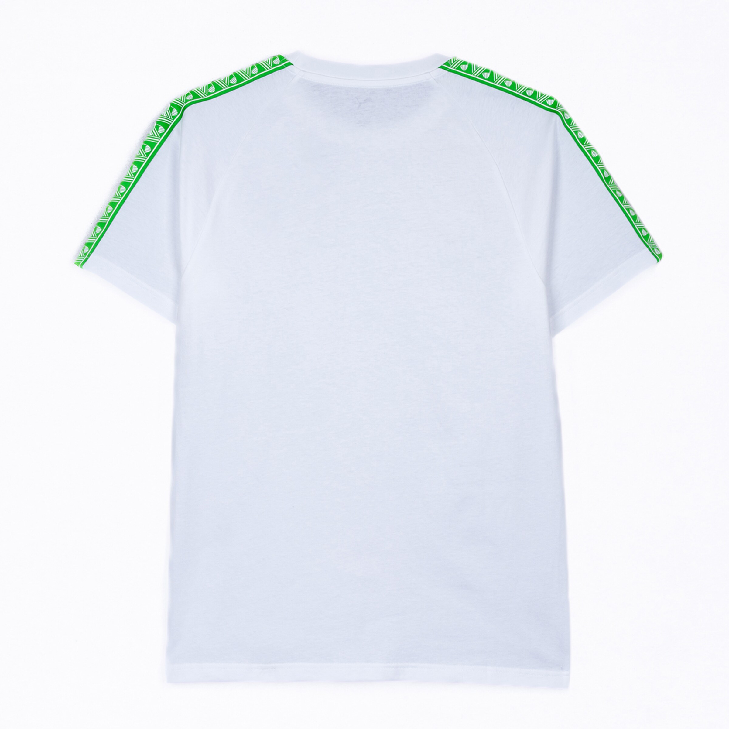 Back view of a white t-shirt with green patterned stripes along the shoulders and sleeves.