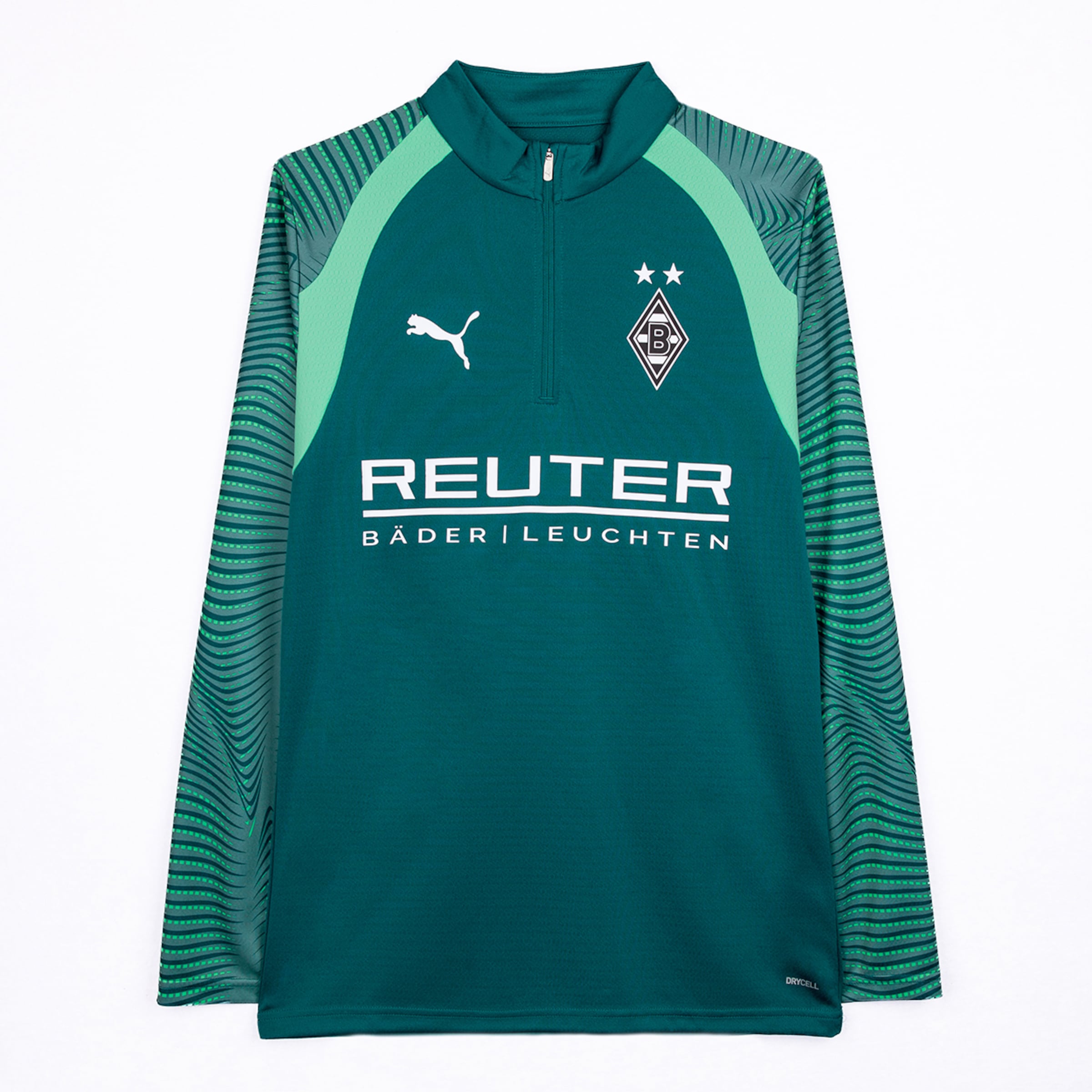 Dark green long-sleeve Puma football training top for Borussia Mönchengladbach with a half-zip, light green shoulder panels, patterned sleeves, and 'REUTER BÄDER | LEUCHTEN' sponsor.