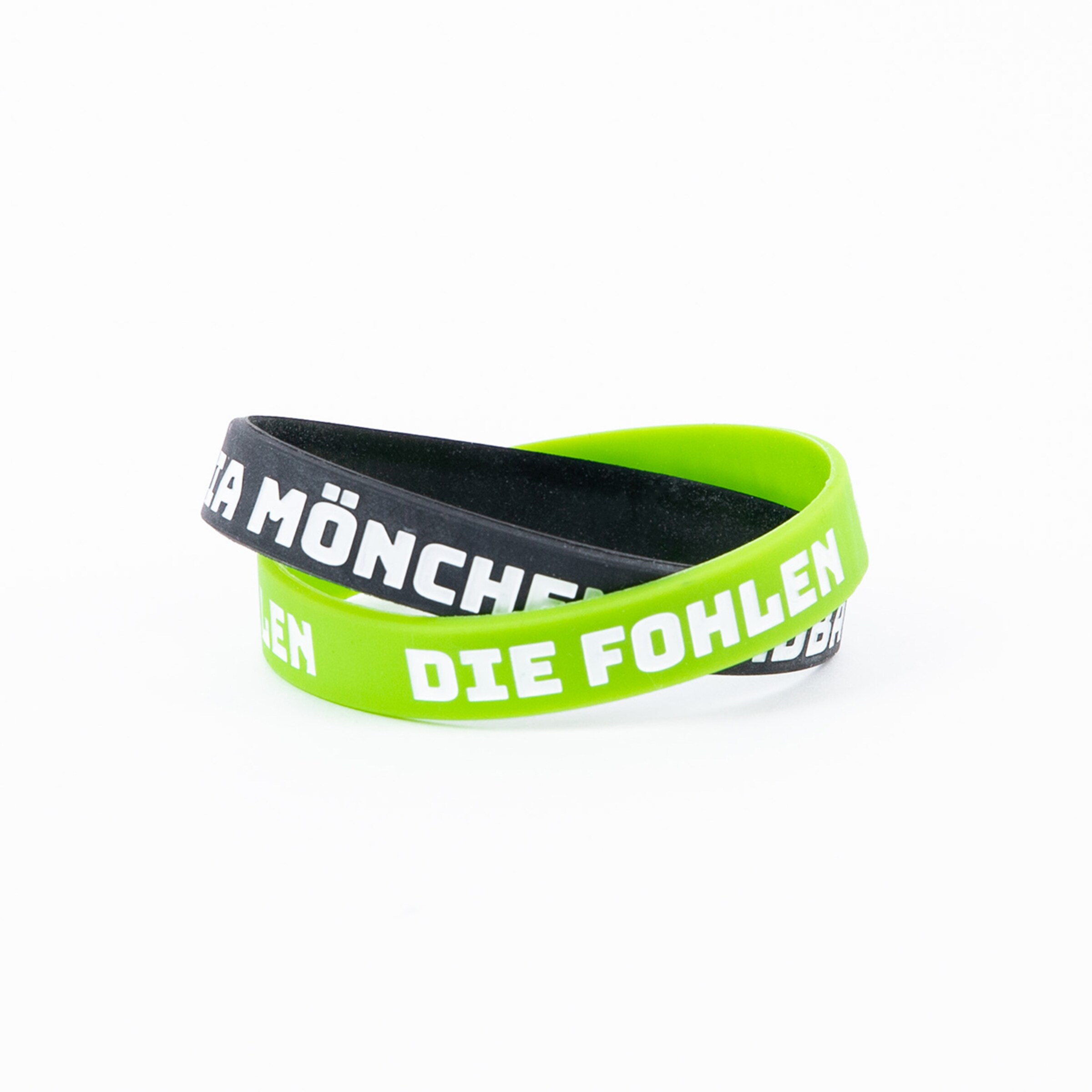 Rubber wristbands in black and neon green printed with Borussia Mönchengladbach and Die Fohlen.