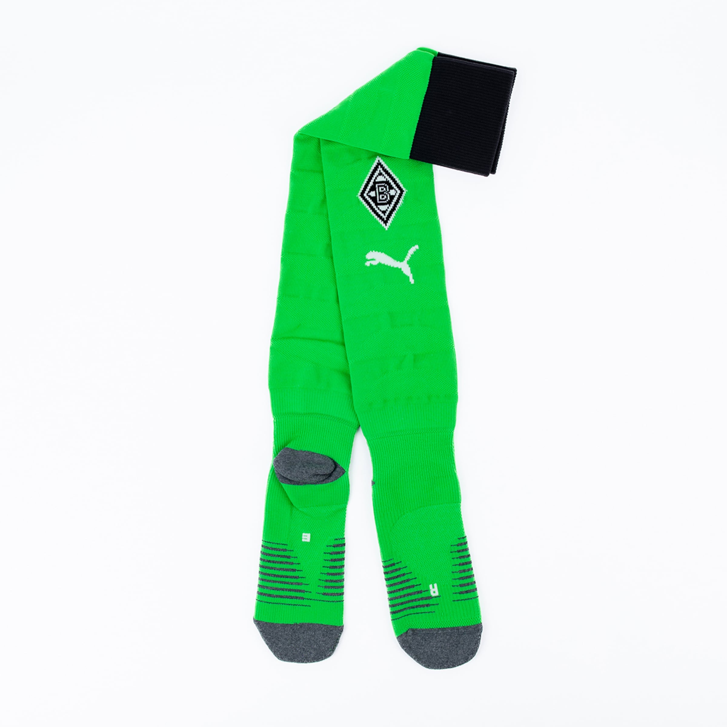 Green soccer socks by Puma with black cuff and Borussia Mönchengladbach logo.
